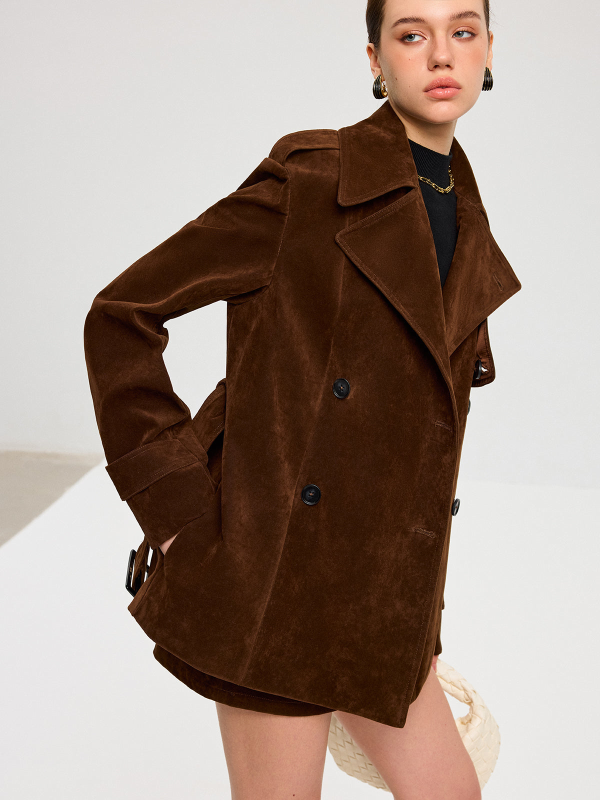 Belted Suede Effect Trench Coat-Chicvia