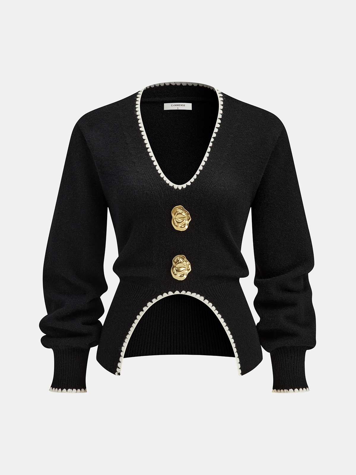 Buttoned Contrast Fringe Split Sweater-Chicvia