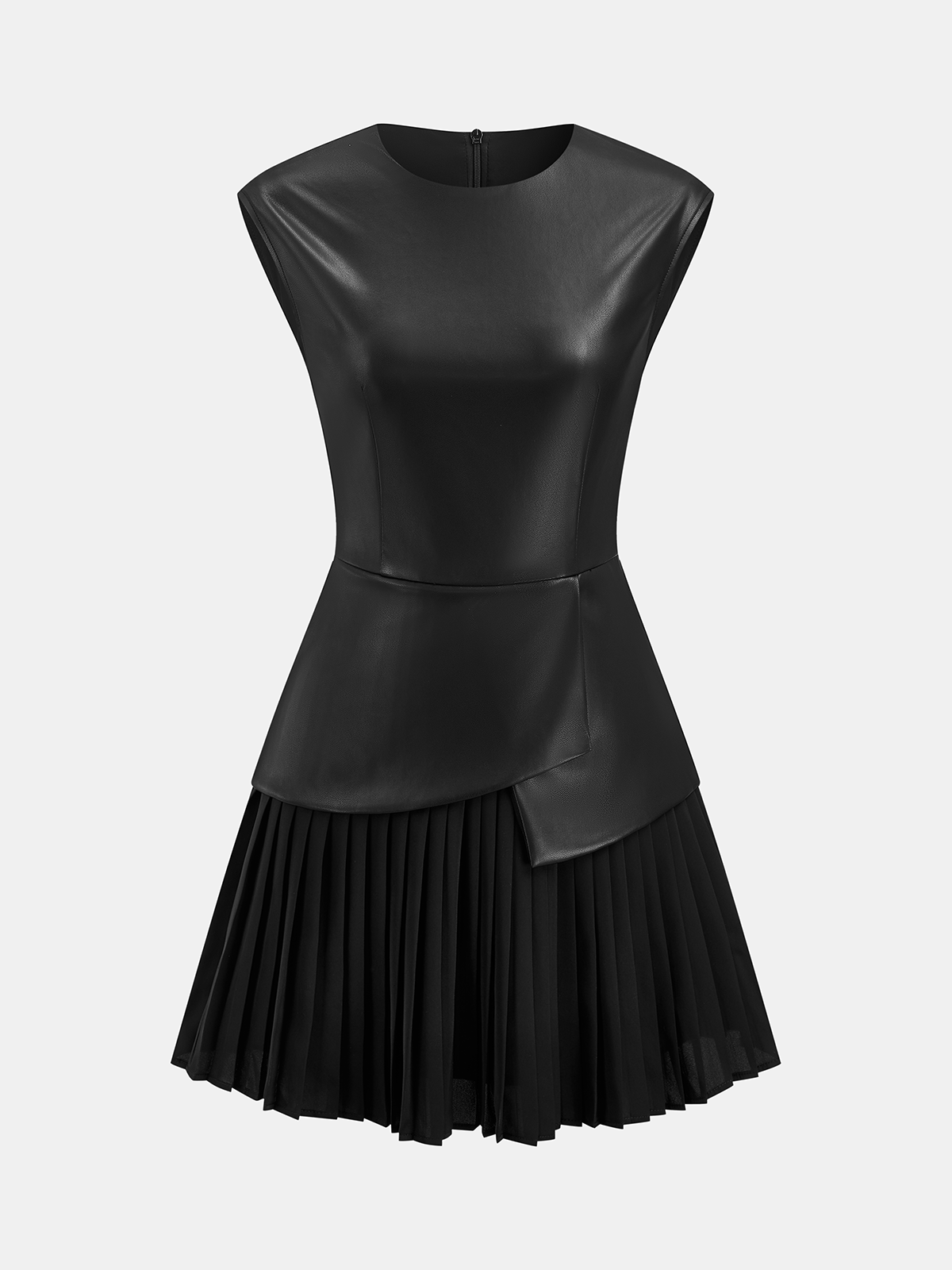 Pleated Panel Sleeveless PU Leather Dress-Chicvia