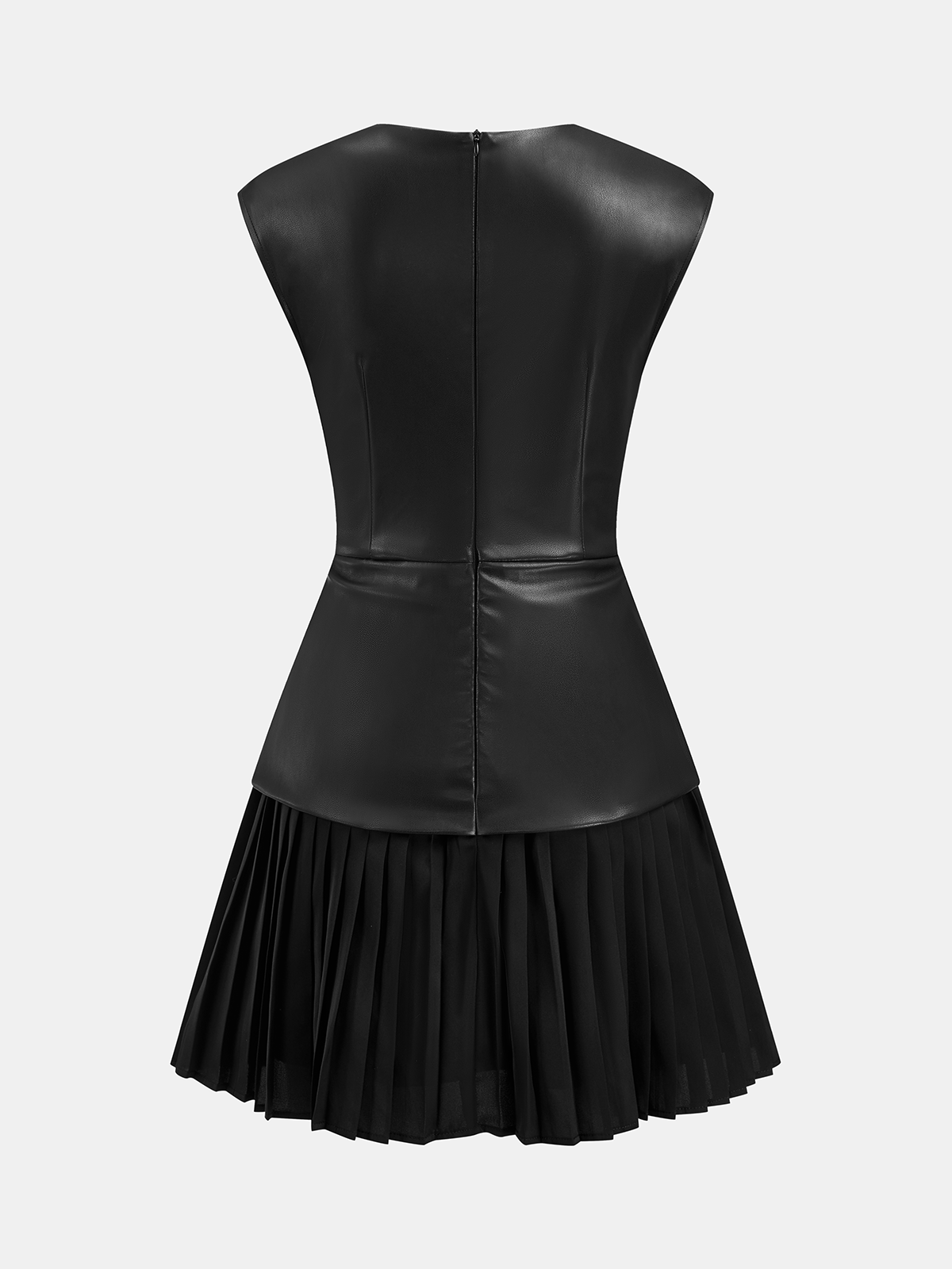 Pleated Panel Sleeveless PU Leather Dress-Chicvia