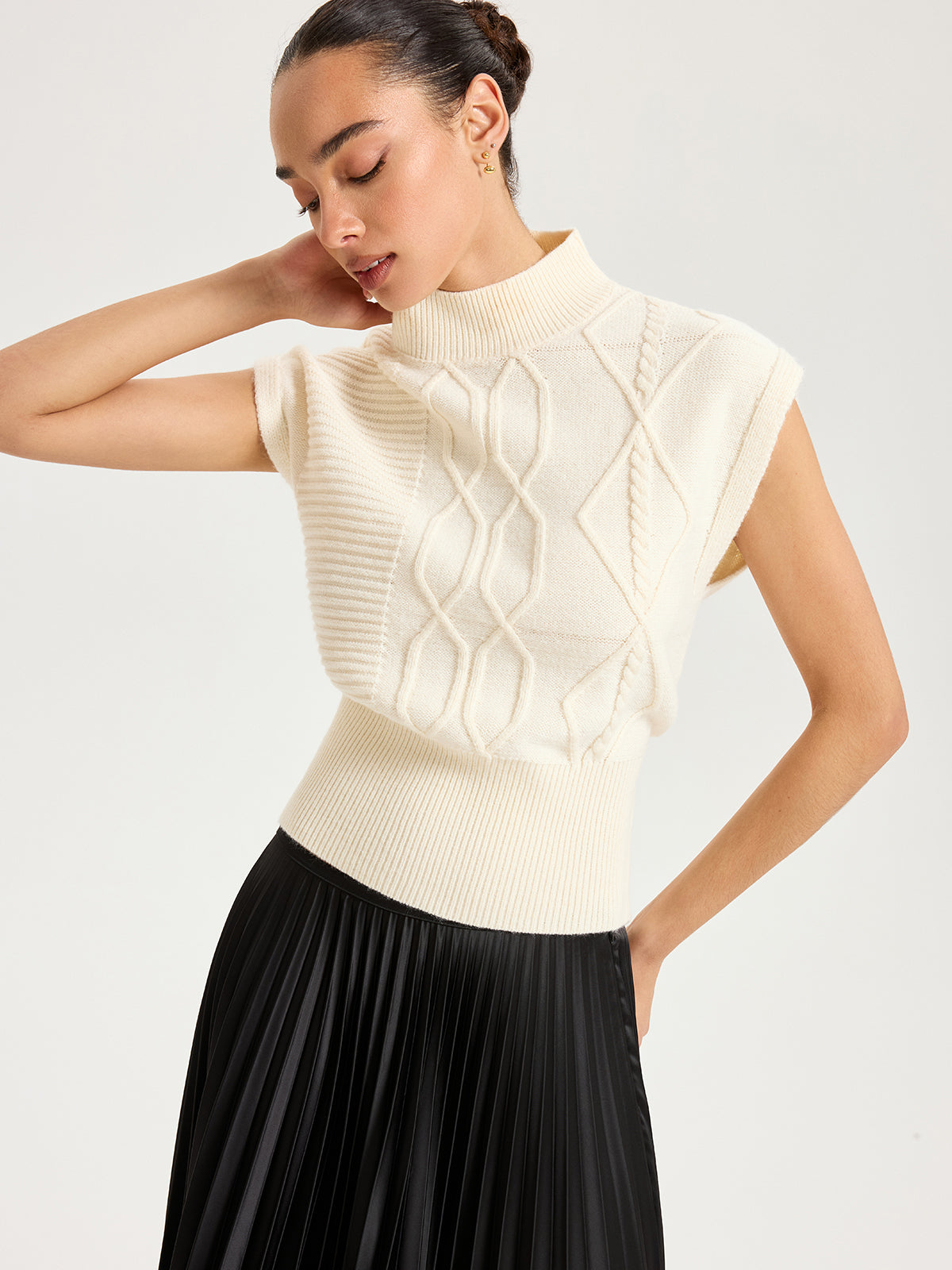 Mock Neck Cap Sleeve Sweater Vest-Chicvia