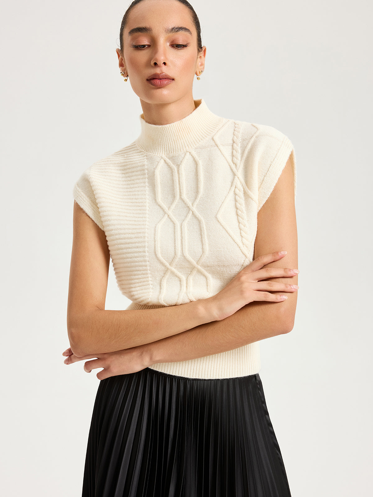 Mock Neck Cap Sleeve Sweater Vest-Chicvia