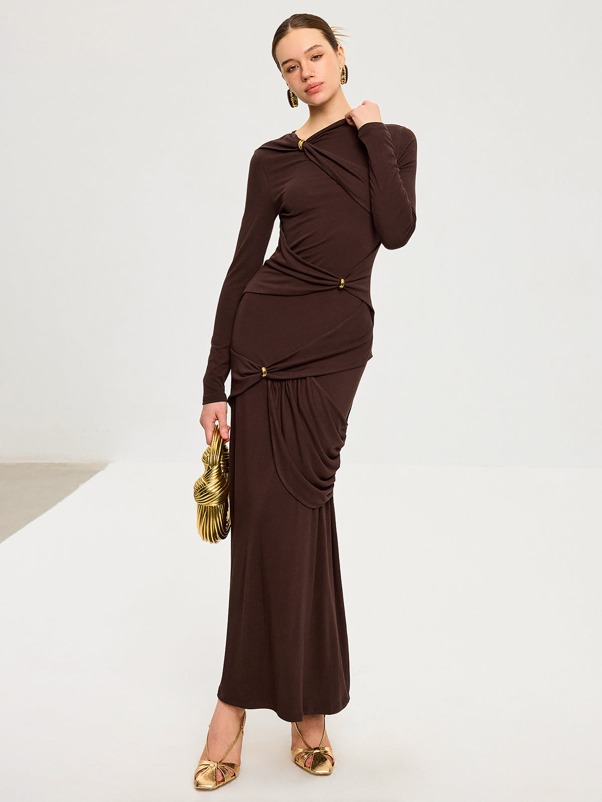 Metal Detail Long Sleeve Draped Maxi Dress-Chicvia
