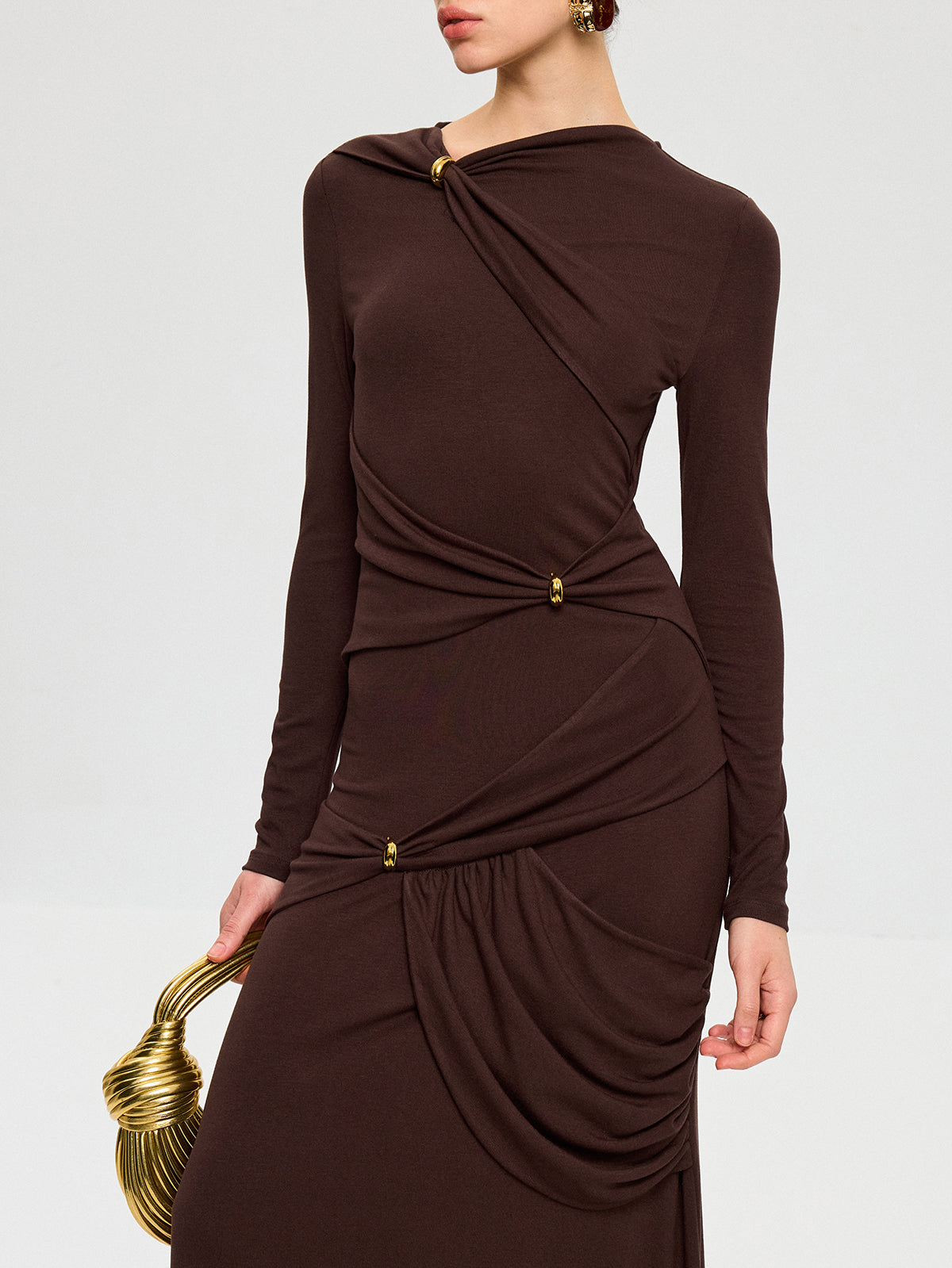 Metal Detail Long Sleeve Draped Maxi Dress-Chicvia
