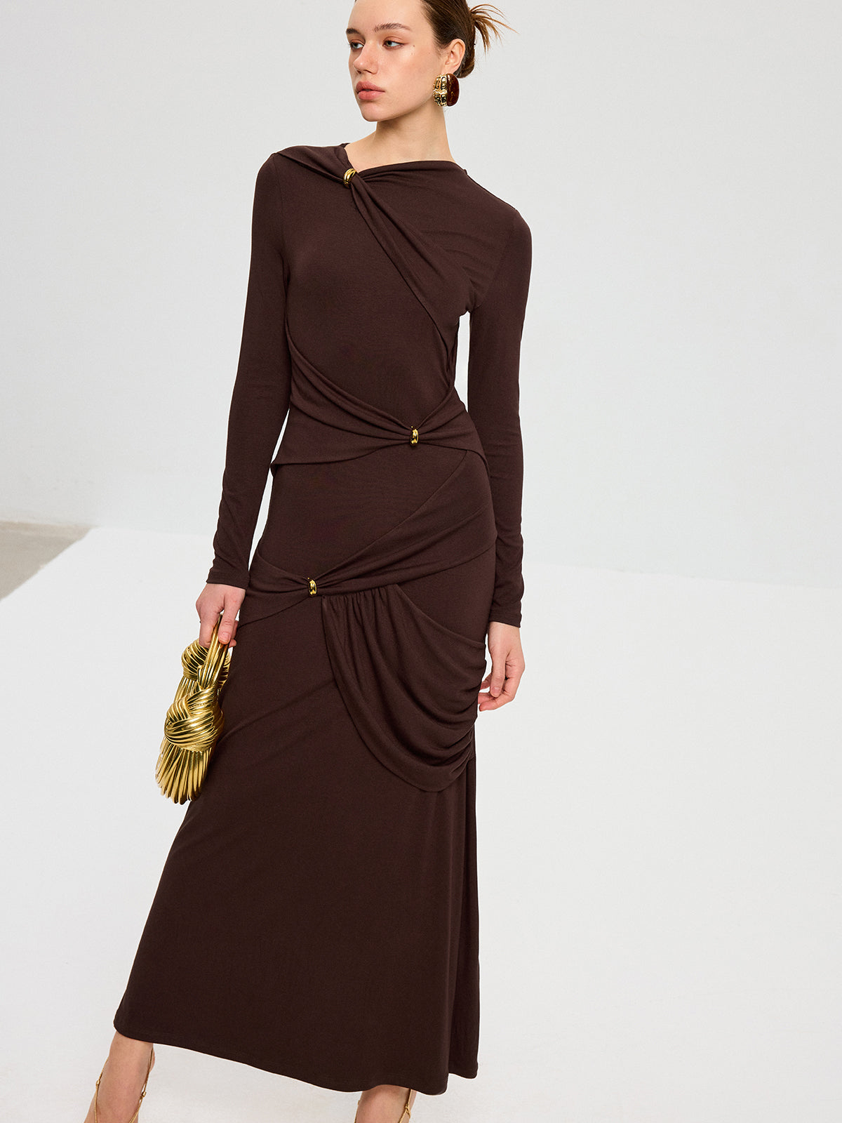 Metal Detail Long Sleeve Draped Maxi Dress-Chicvia
