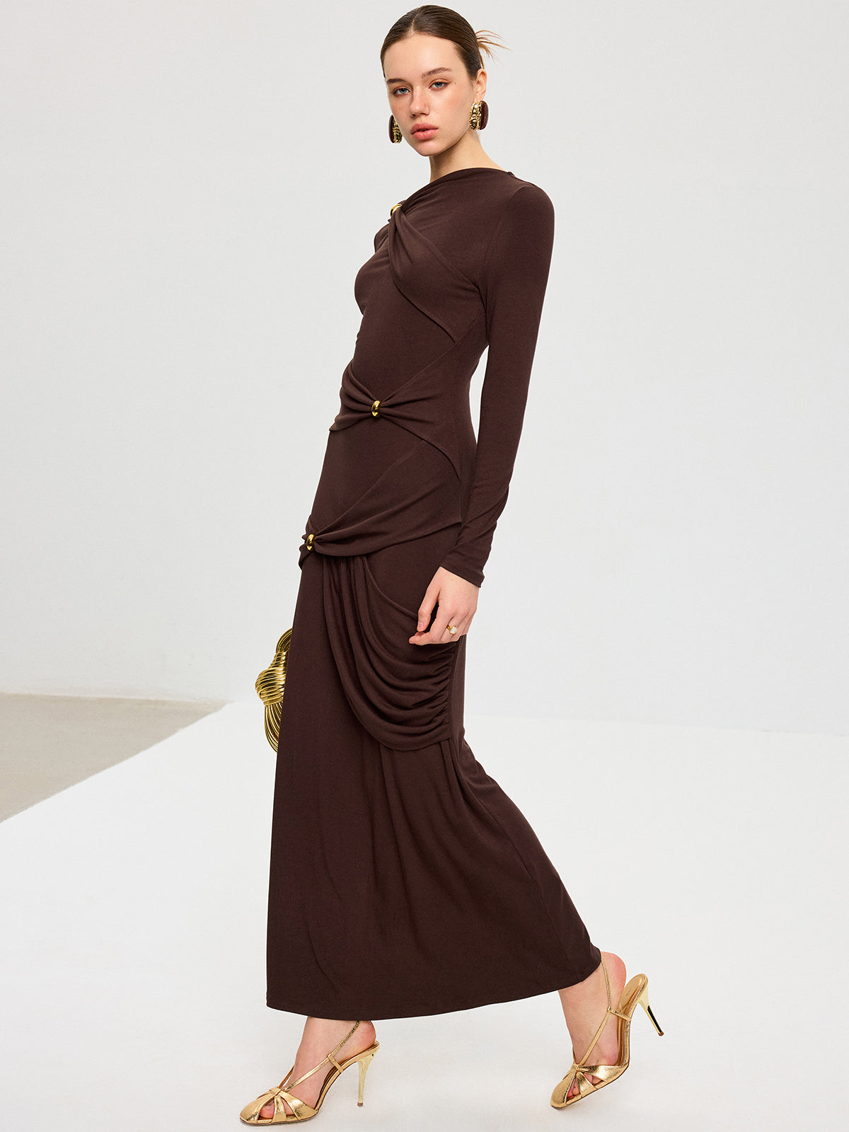 Metal Detail Long Sleeve Draped Maxi Dress-Chicvia