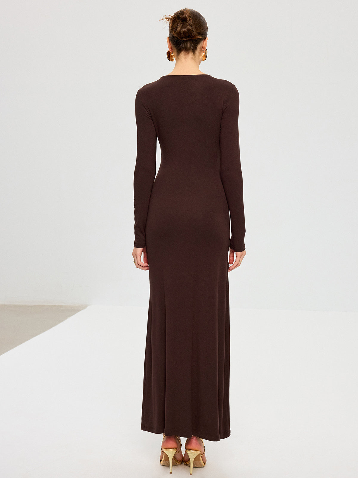 Metal Detail Long Sleeve Draped Maxi Dress-Chicvia