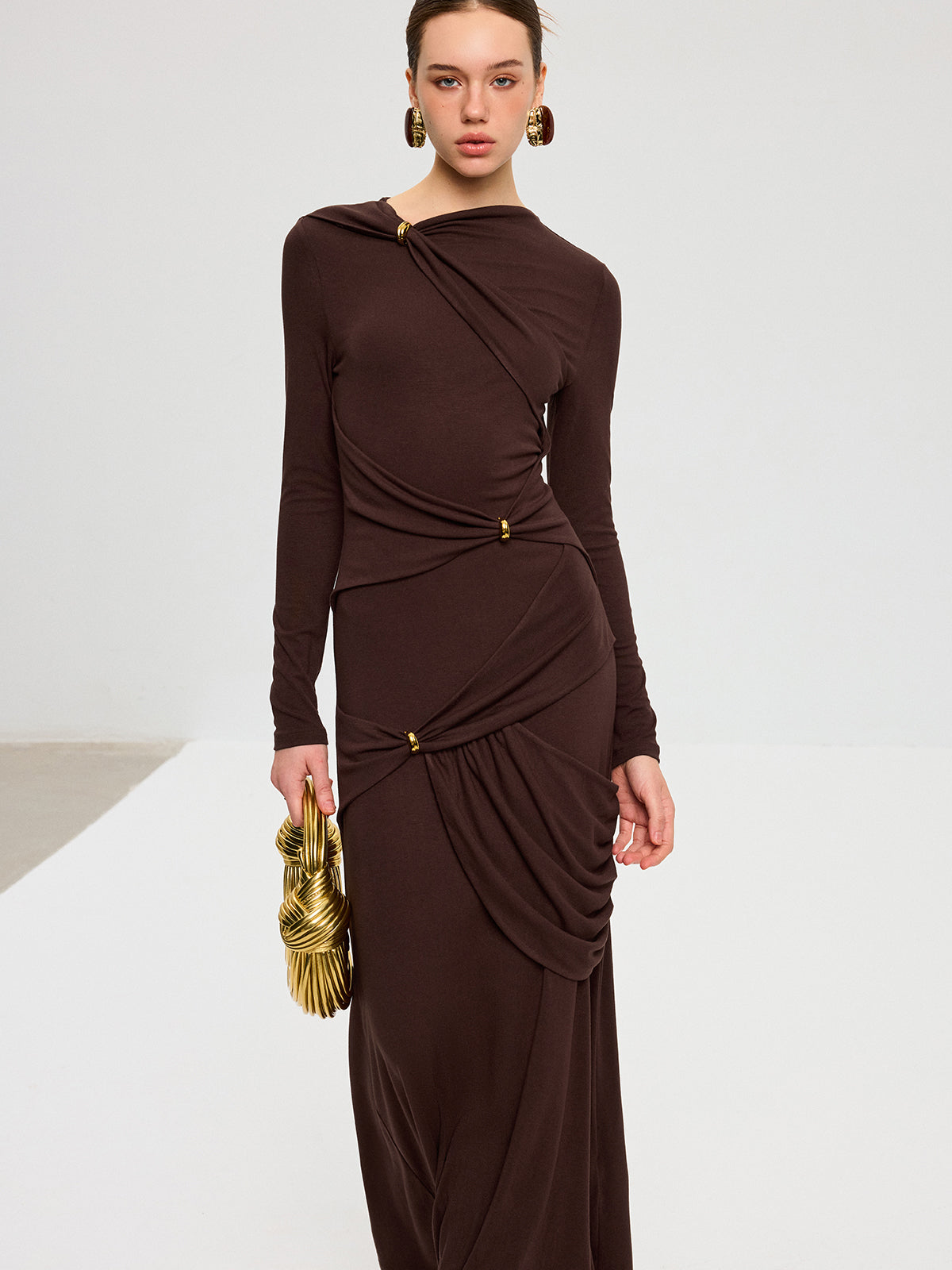 Metal Detail Long Sleeve Draped Maxi Dress-Chicvia