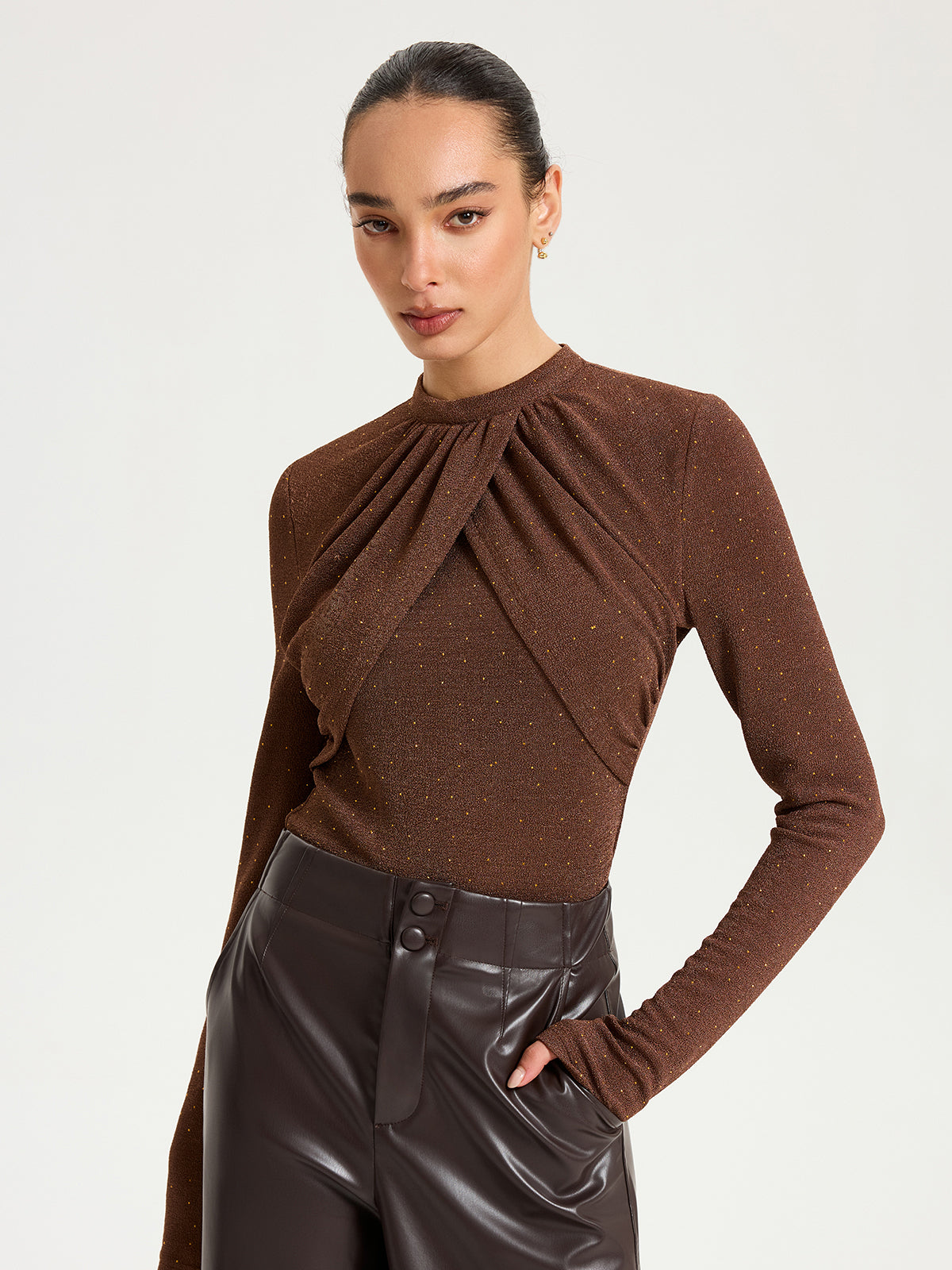 Draped Cross-Front Glitter Knit Top-Chicvia