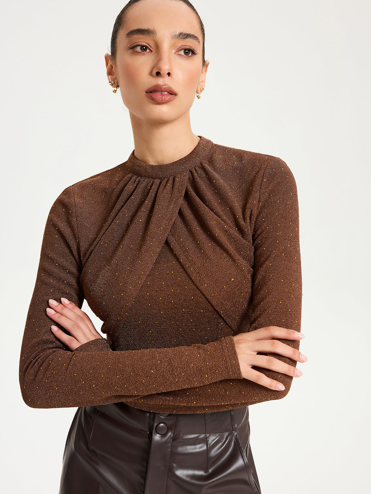 Draped Cross-Front Glitter Knit Top-Chicvia