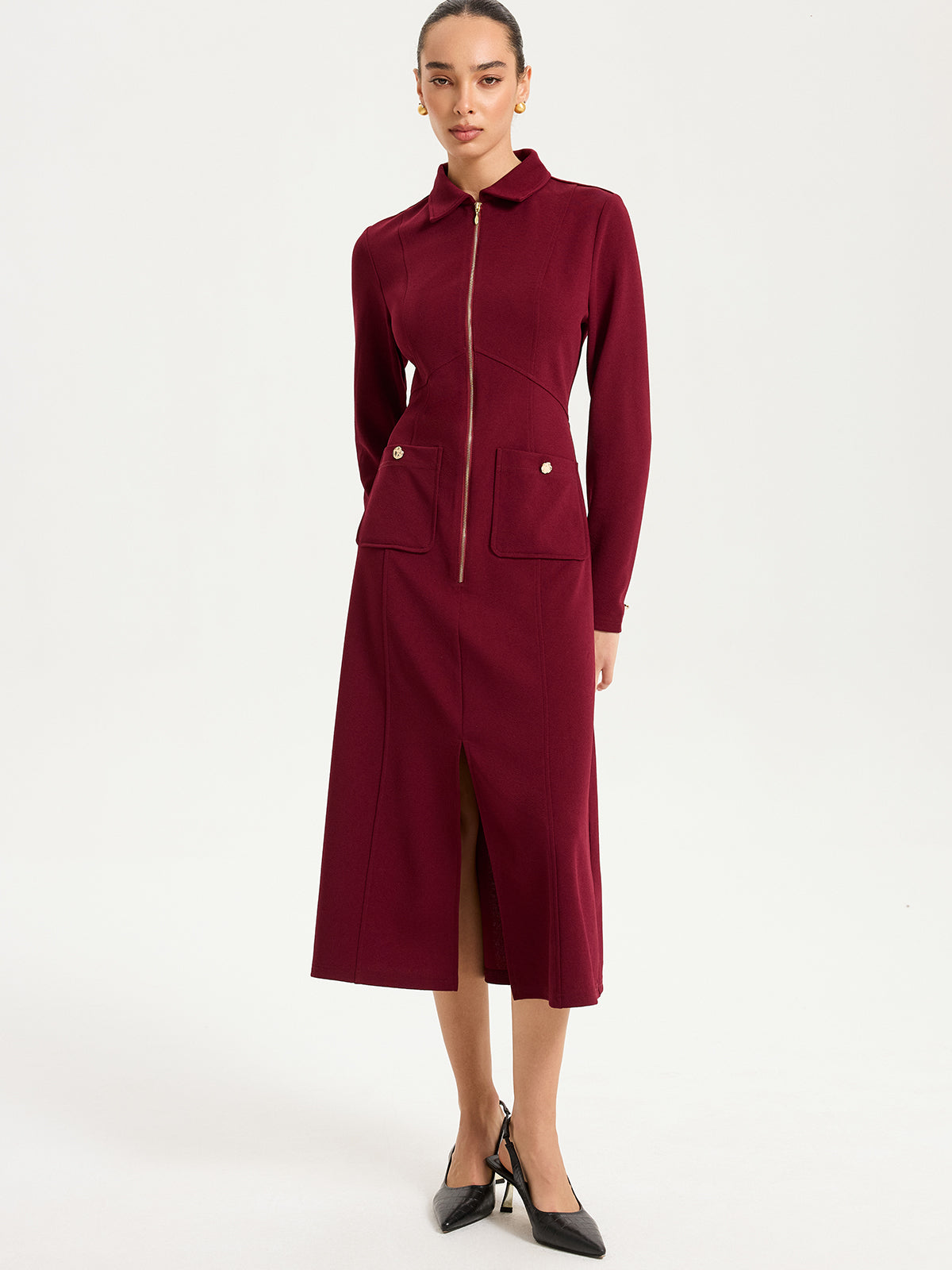 Collared Zipper Slit Midi Dress-Chicvia