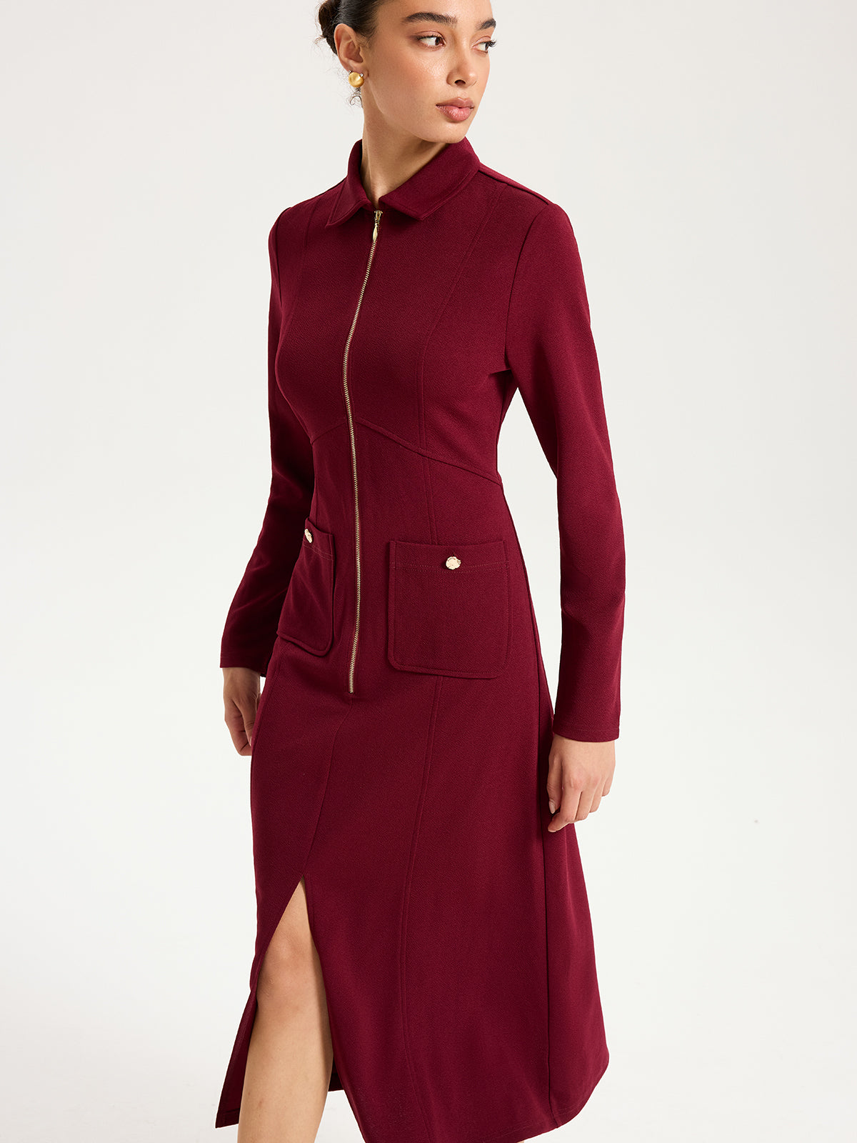 Collared Zipper Slit Midi Dress-Chicvia