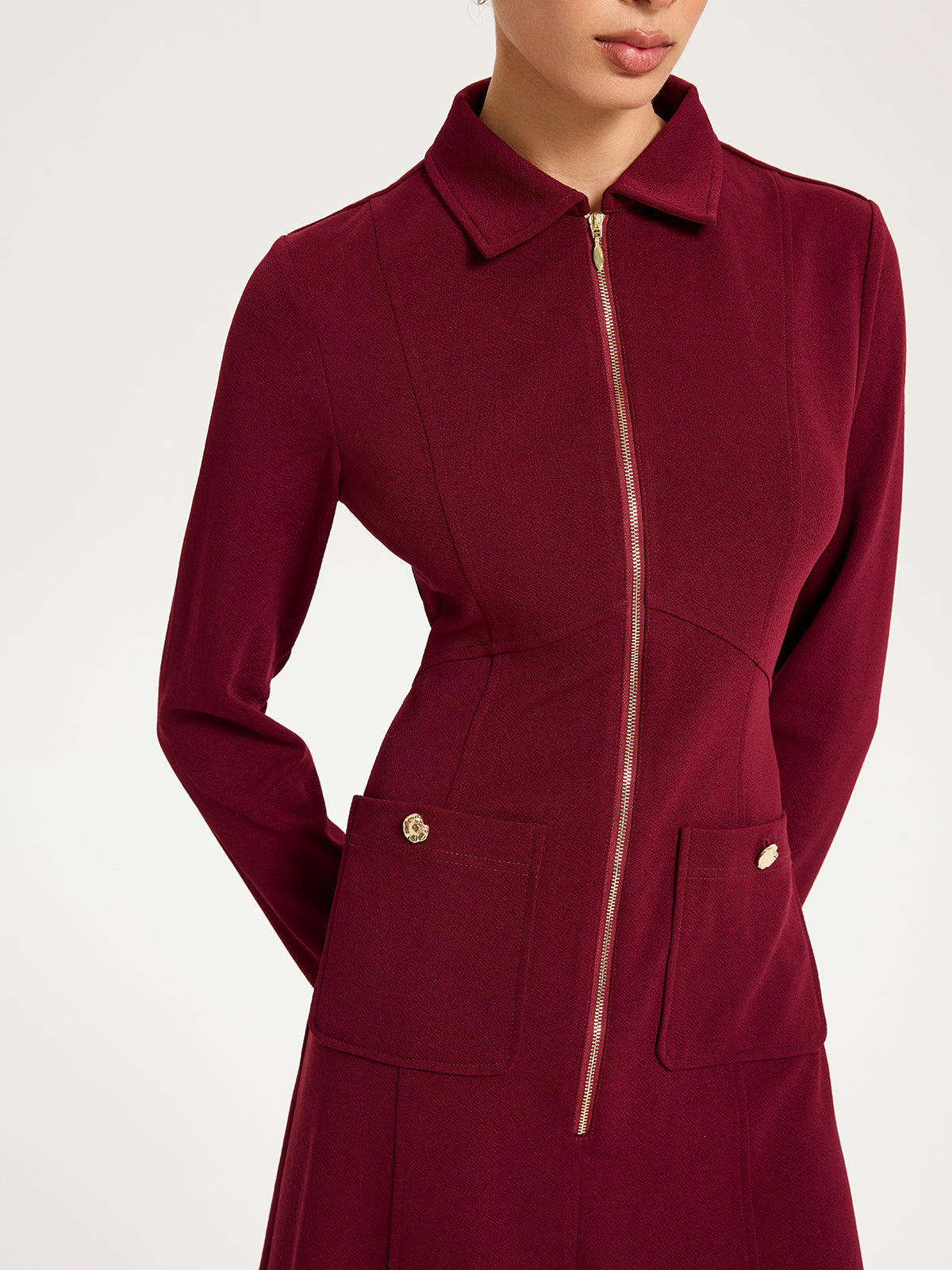 Collared Zipper Slit Midi Dress-Chicvia