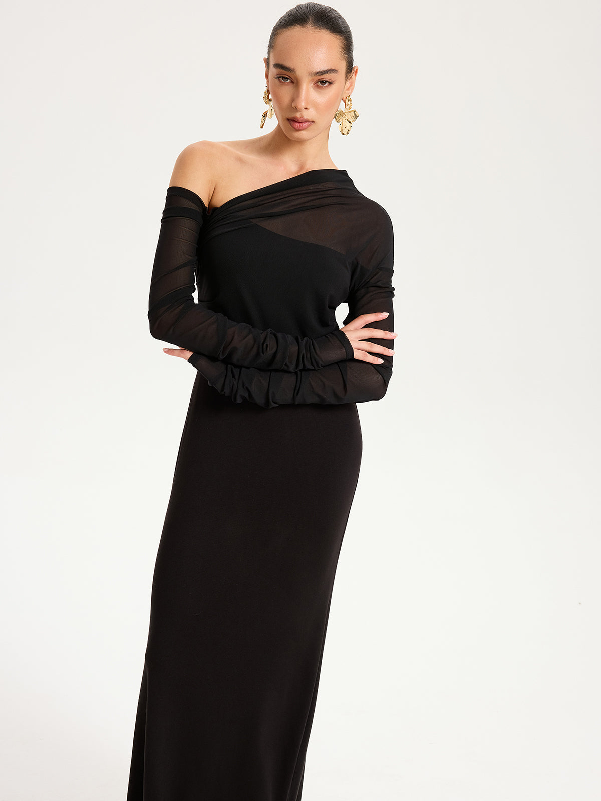 One-Shoulder Sheer Ruched Long Sleeve Maxi Dress-Chicvia