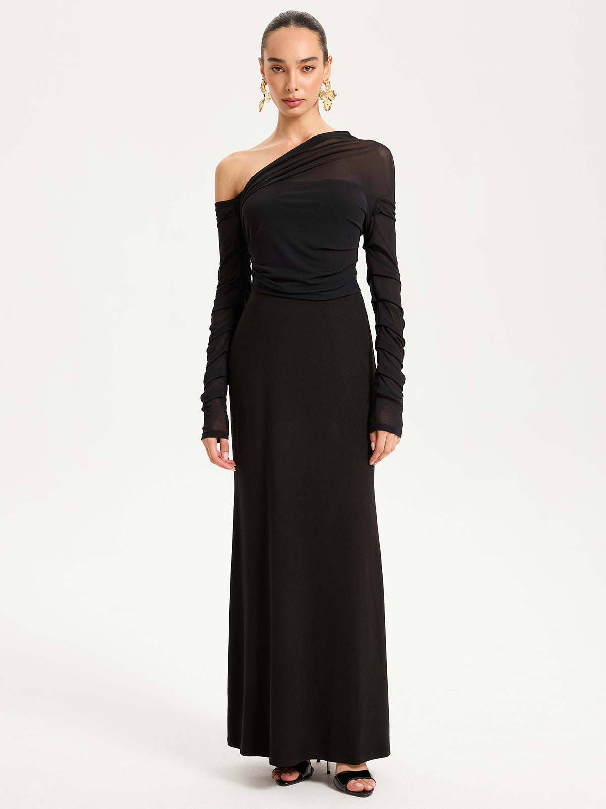 One-Shoulder Sheer Ruched Long Sleeve Maxi Dress-Chicvia