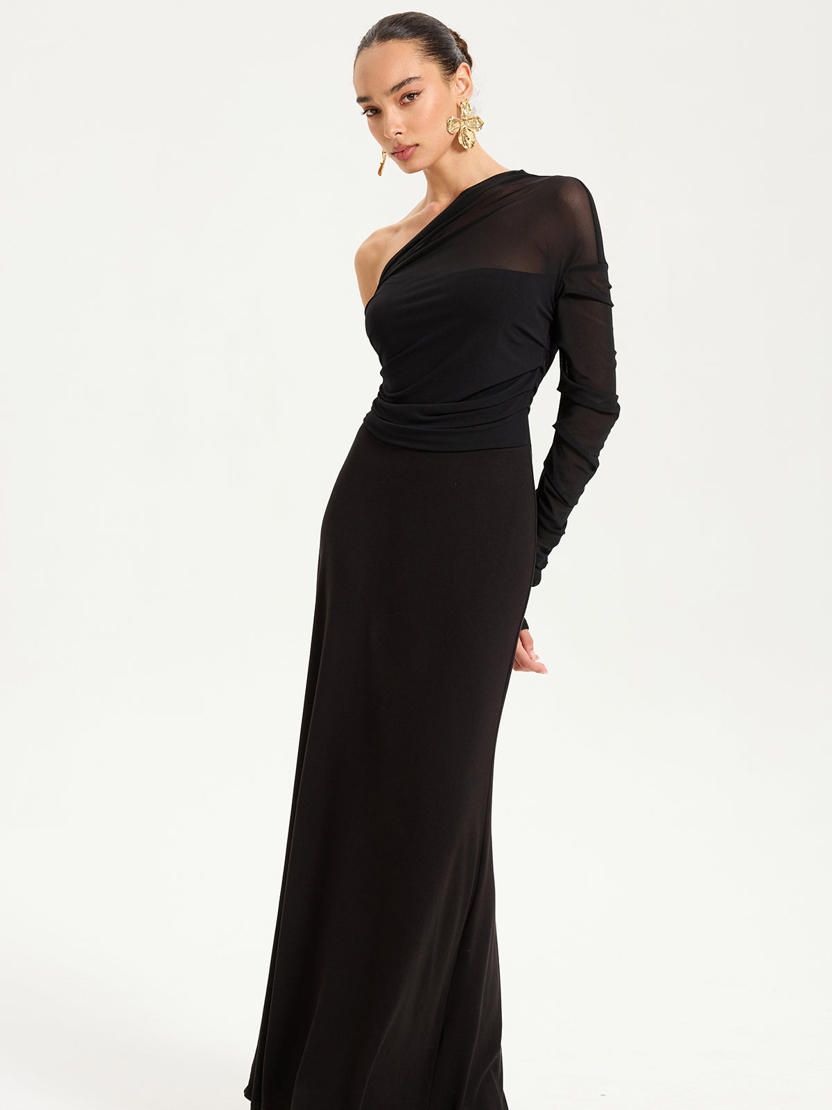One-Shoulder Sheer Ruched Long Sleeve Maxi Dress-Chicvia