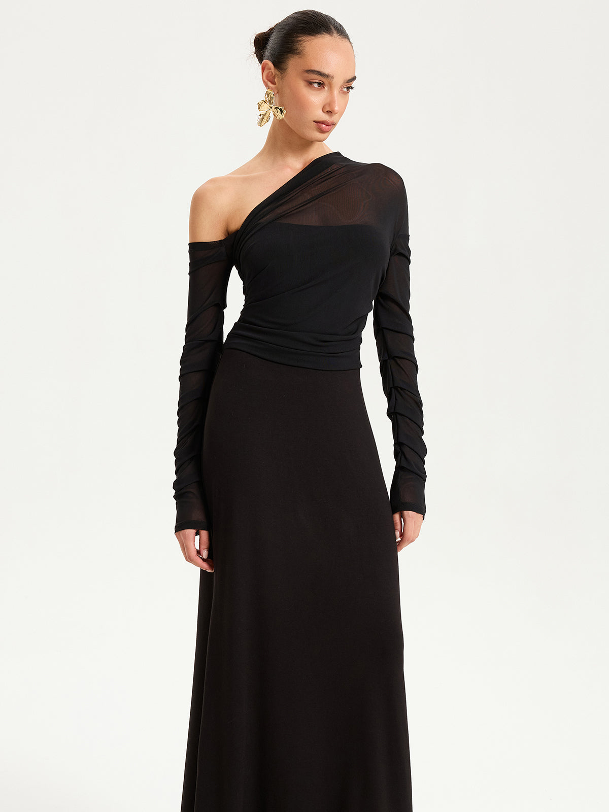 One-Shoulder Sheer Ruched Long Sleeve Maxi Dress-Chicvia