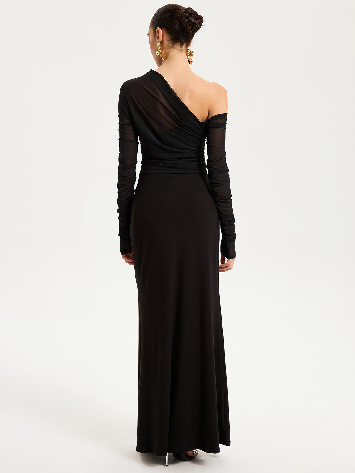 One-Shoulder Sheer Ruched Long Sleeve Maxi Dress-Chicvia