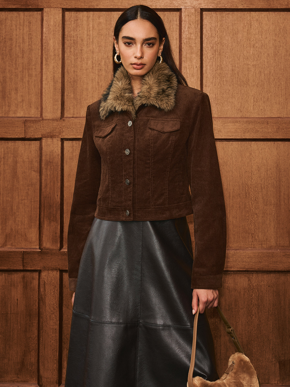 Faux Fur Collar Corduroy Jacket-Chicvia