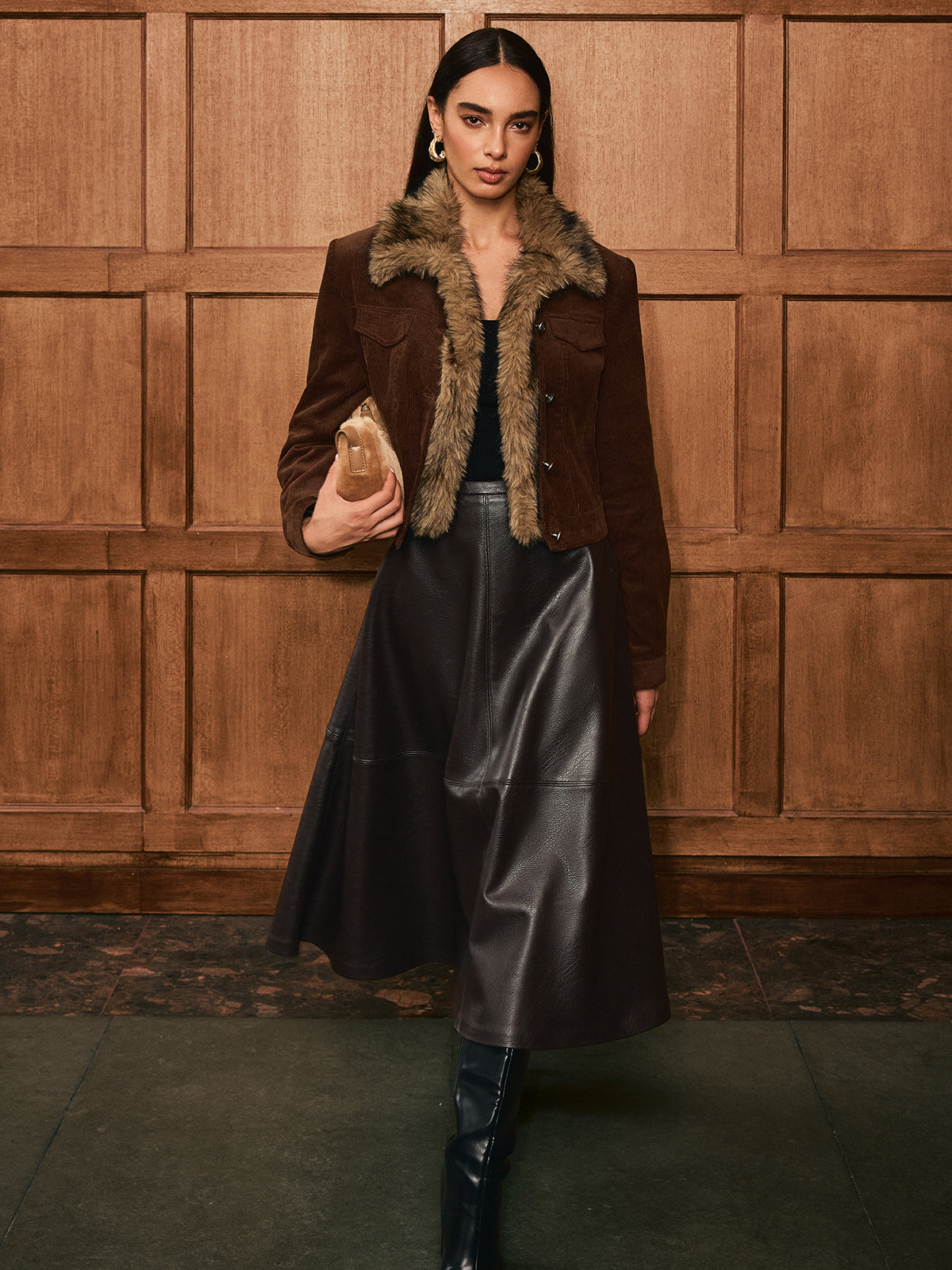 Faux Fur Collar Corduroy Jacket-Chicvia