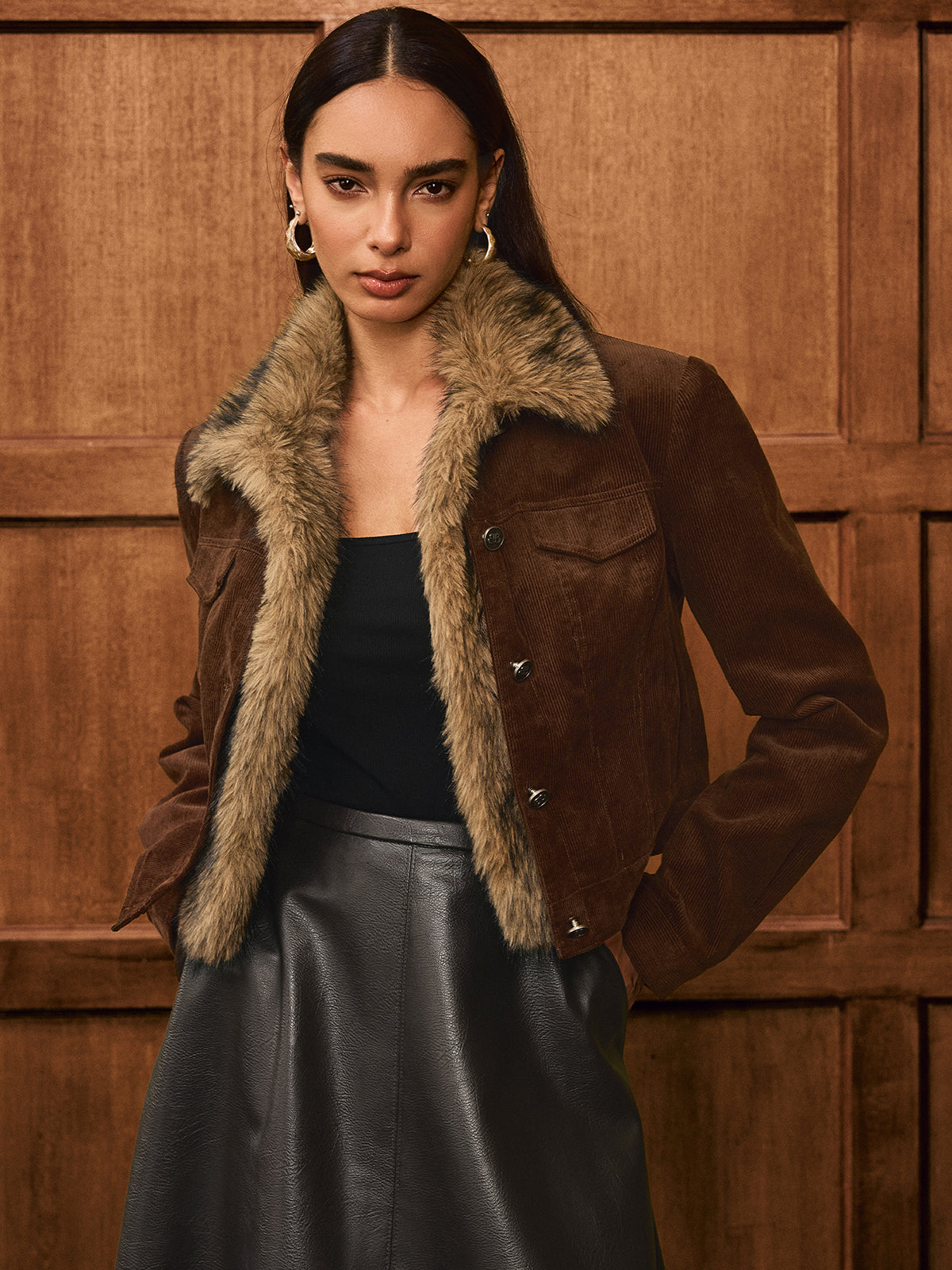 Faux Fur Collar Corduroy Jacket-Chicvia