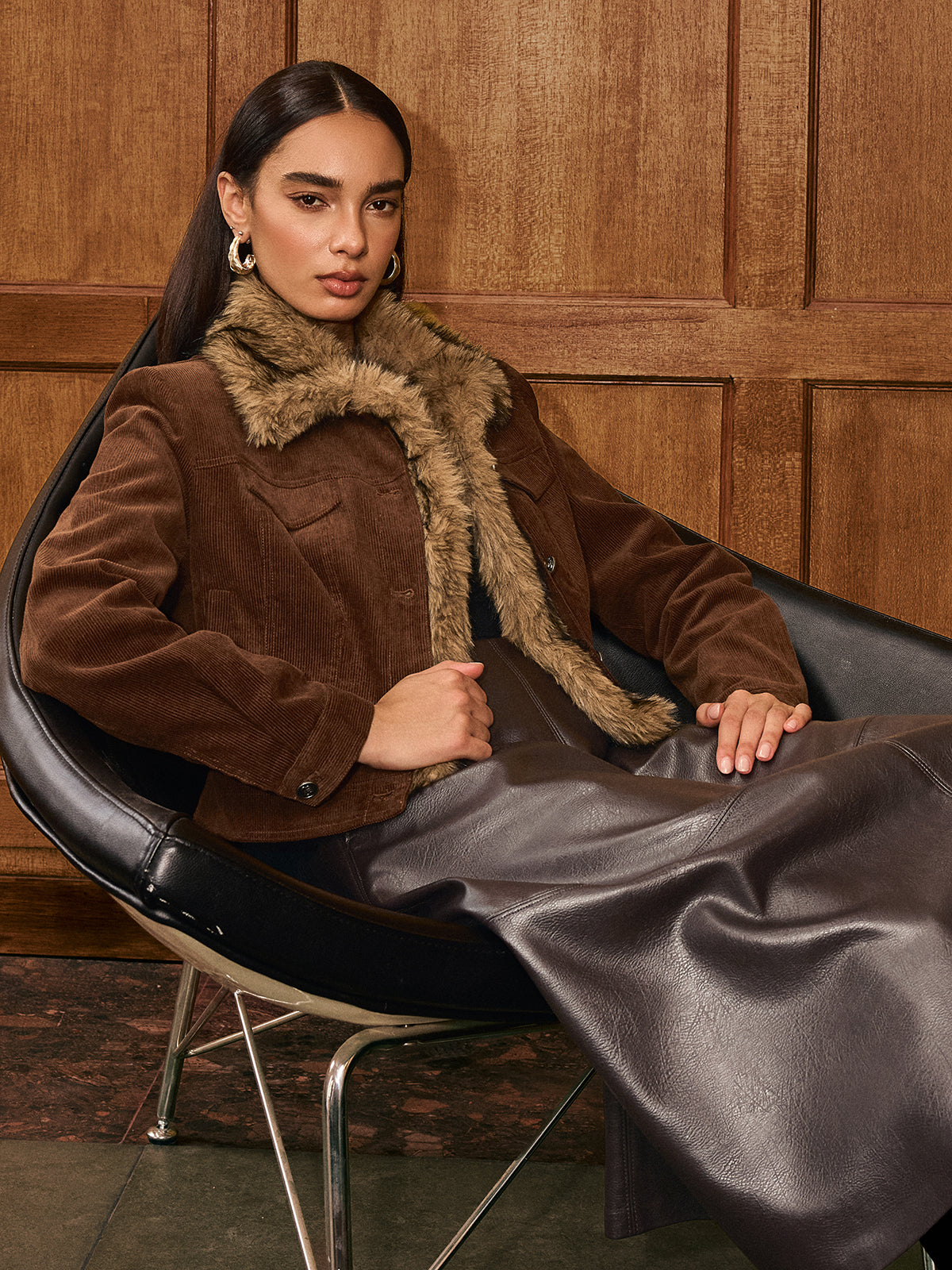 Faux Fur Collar Corduroy Jacket-Chicvia