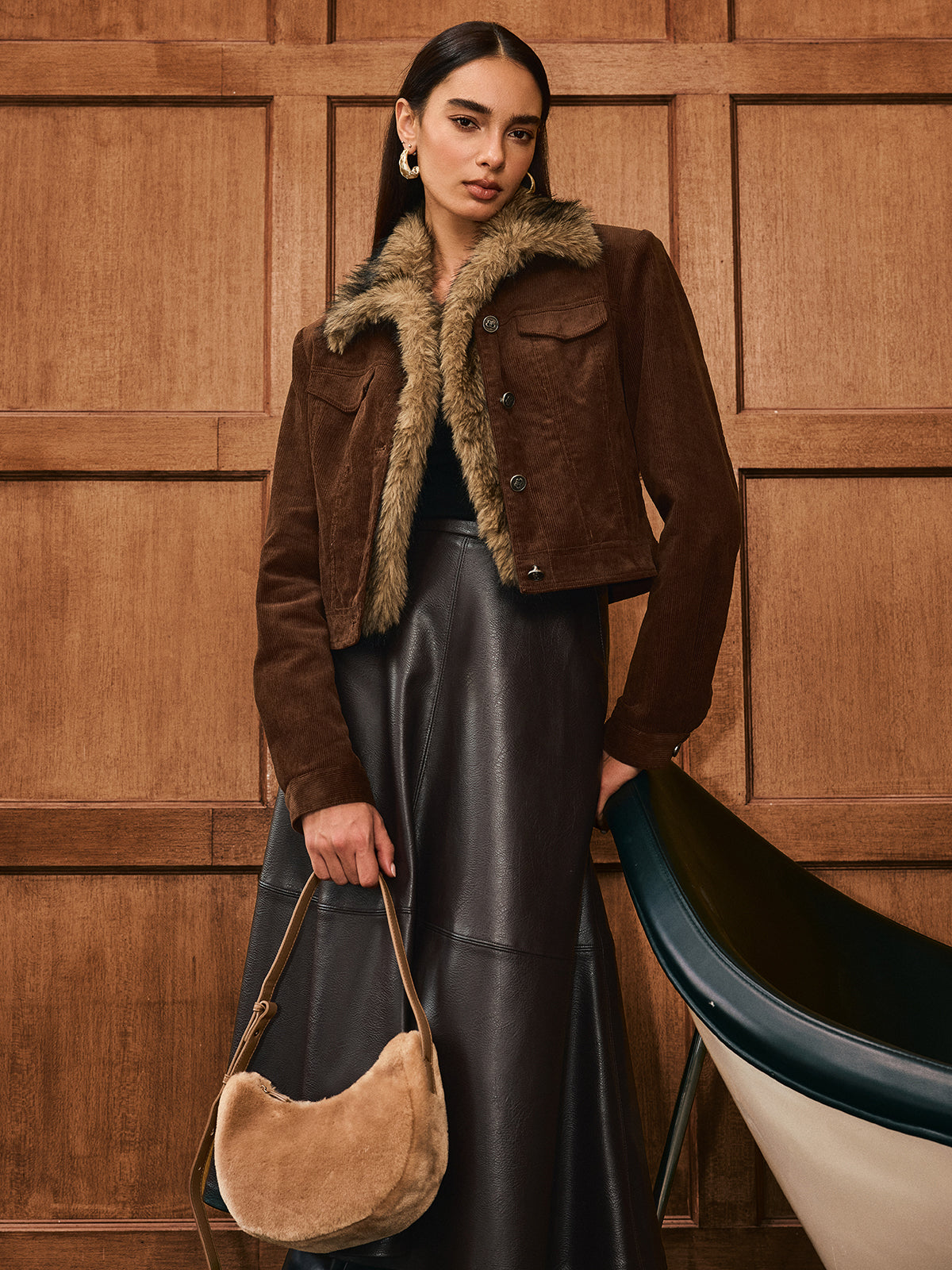 Faux Fur Collar Corduroy Jacket-Chicvia