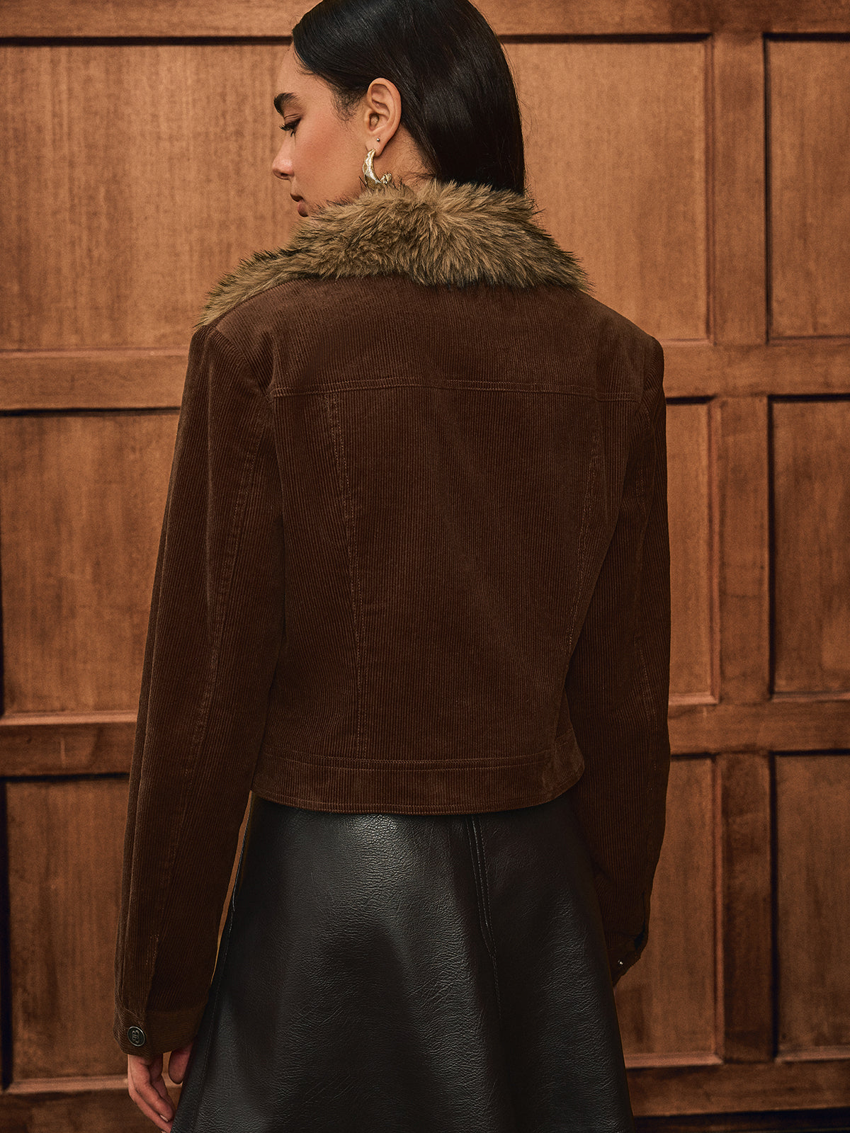 Faux Fur Collar Corduroy Jacket-Chicvia