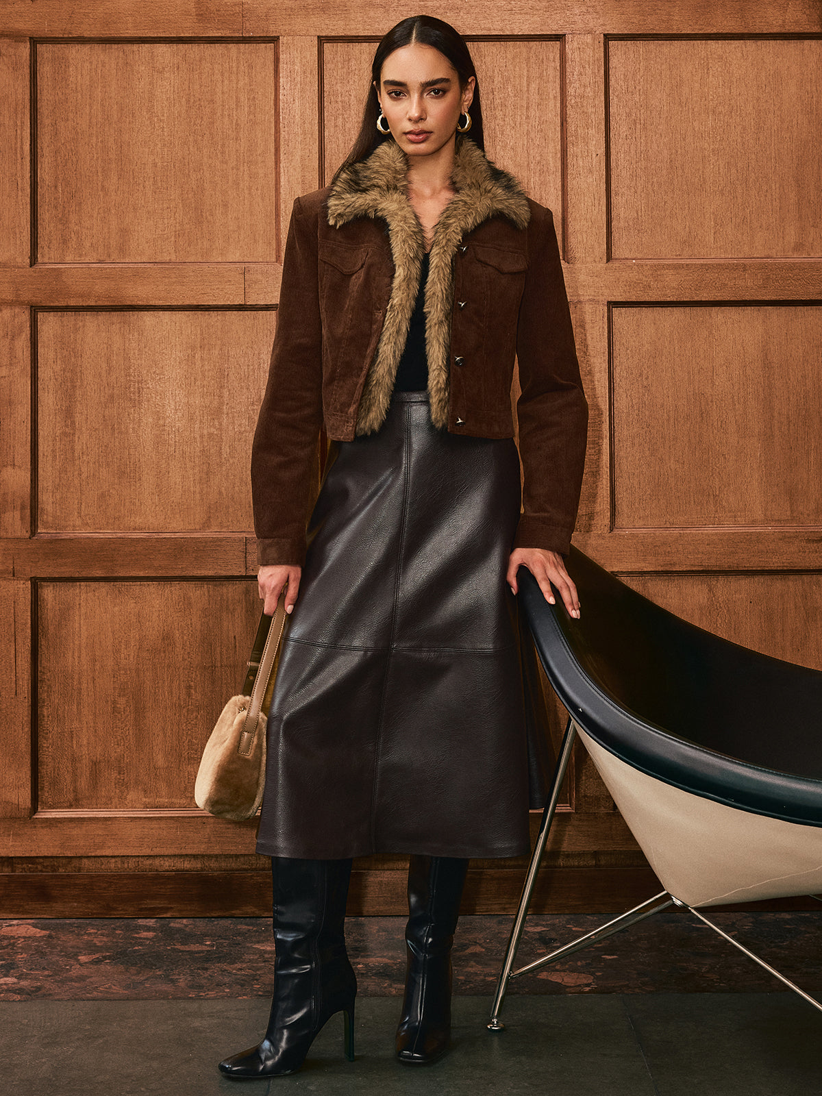 Faux Fur Collar Corduroy Jacket-Chicvia