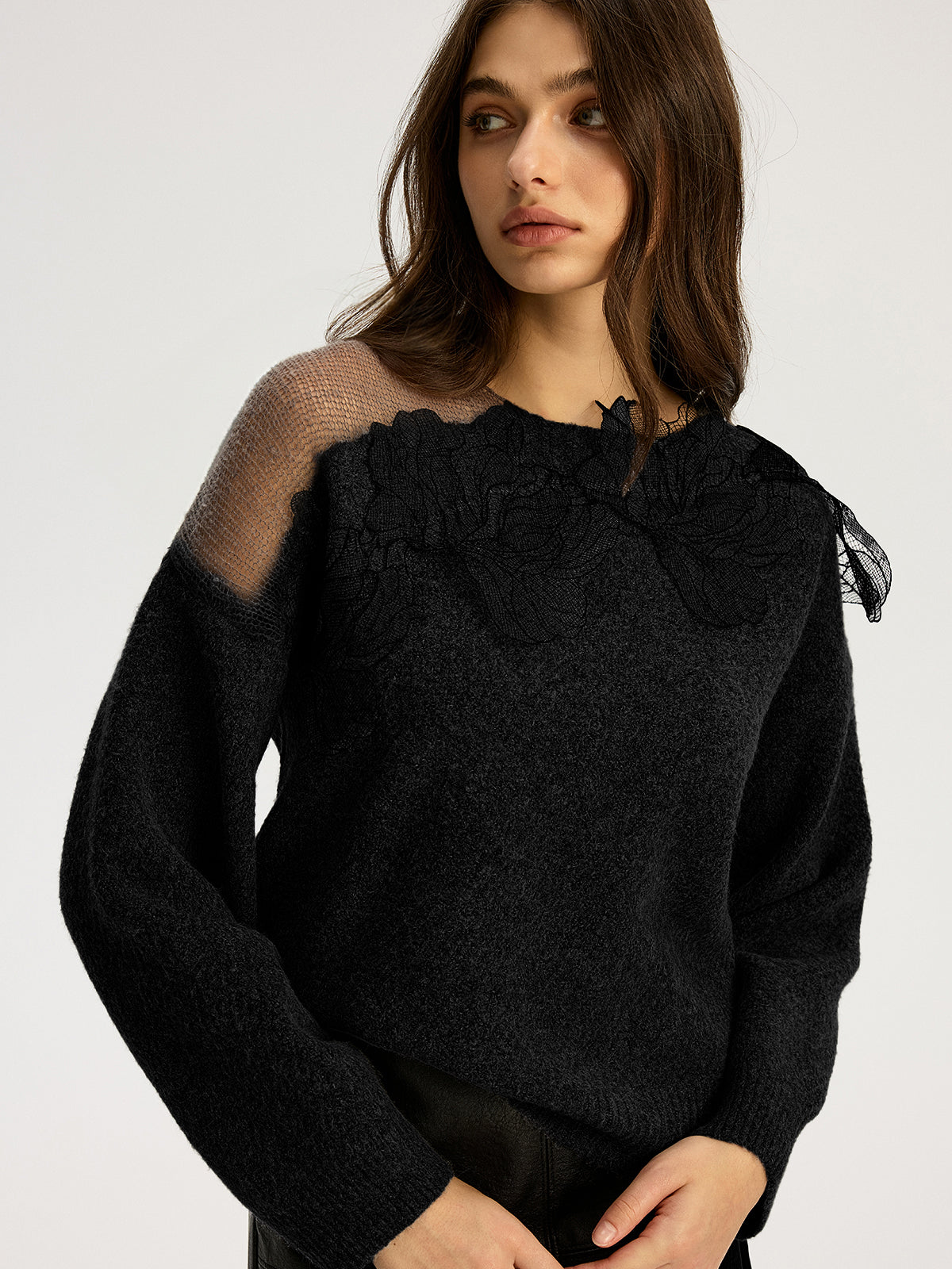 Floral lace Sweater Semi Sheer Round Neck Sweater-Chicvia