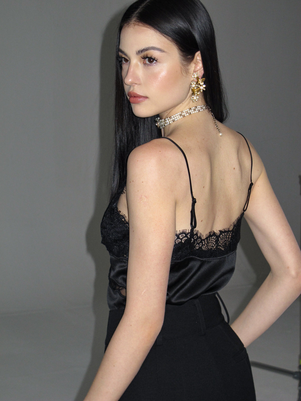 Lace Detail Satin Cami Top-Chicvia