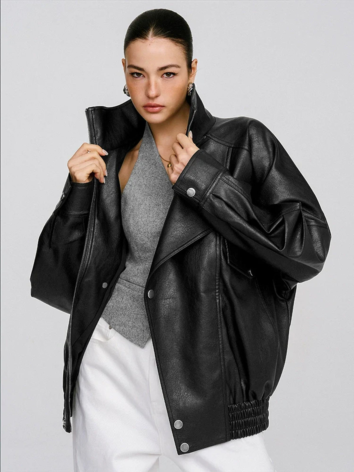 Collared Oversized PU Leather Jacket-Chicvia