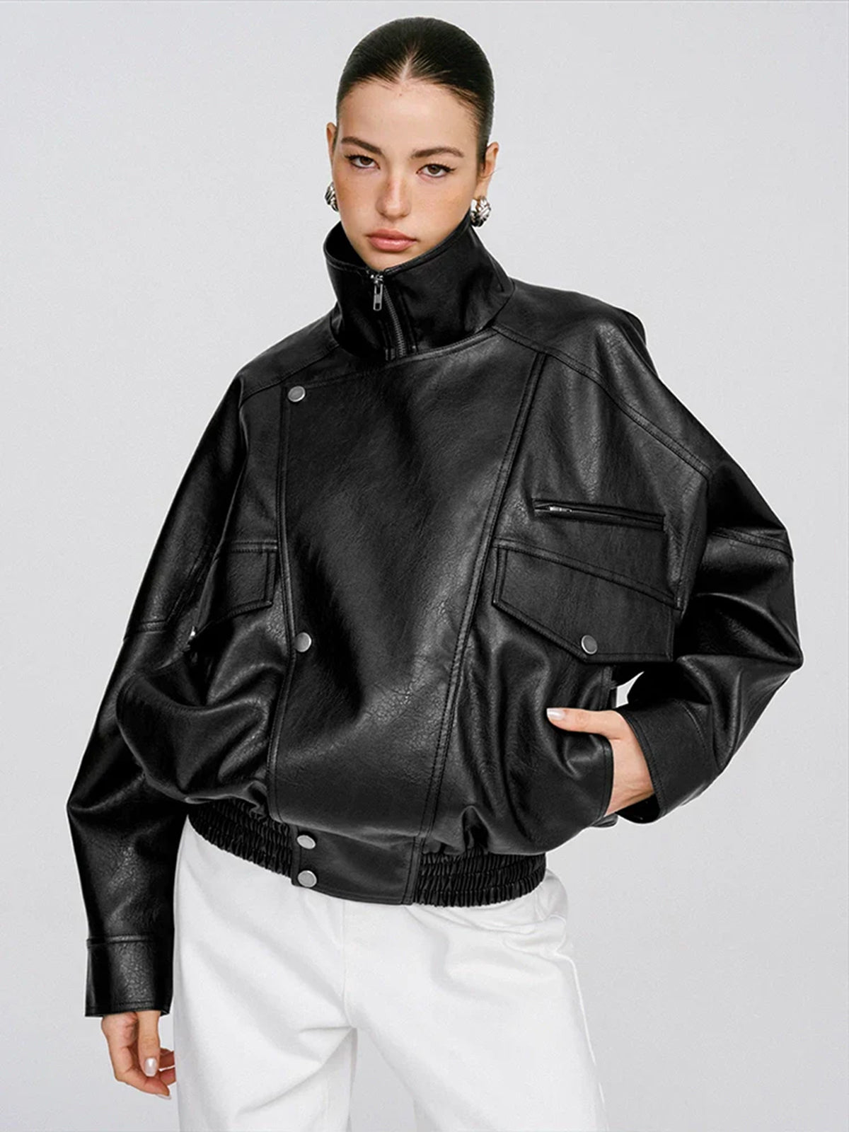 Collared Oversized PU Leather Jacket-Chicvia
