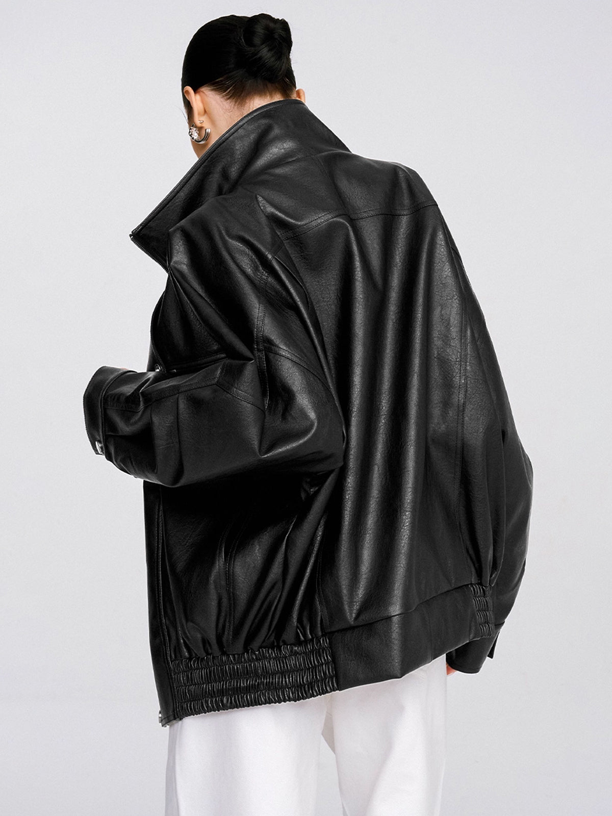 Collared Oversized PU Leather Jacket-Chicvia