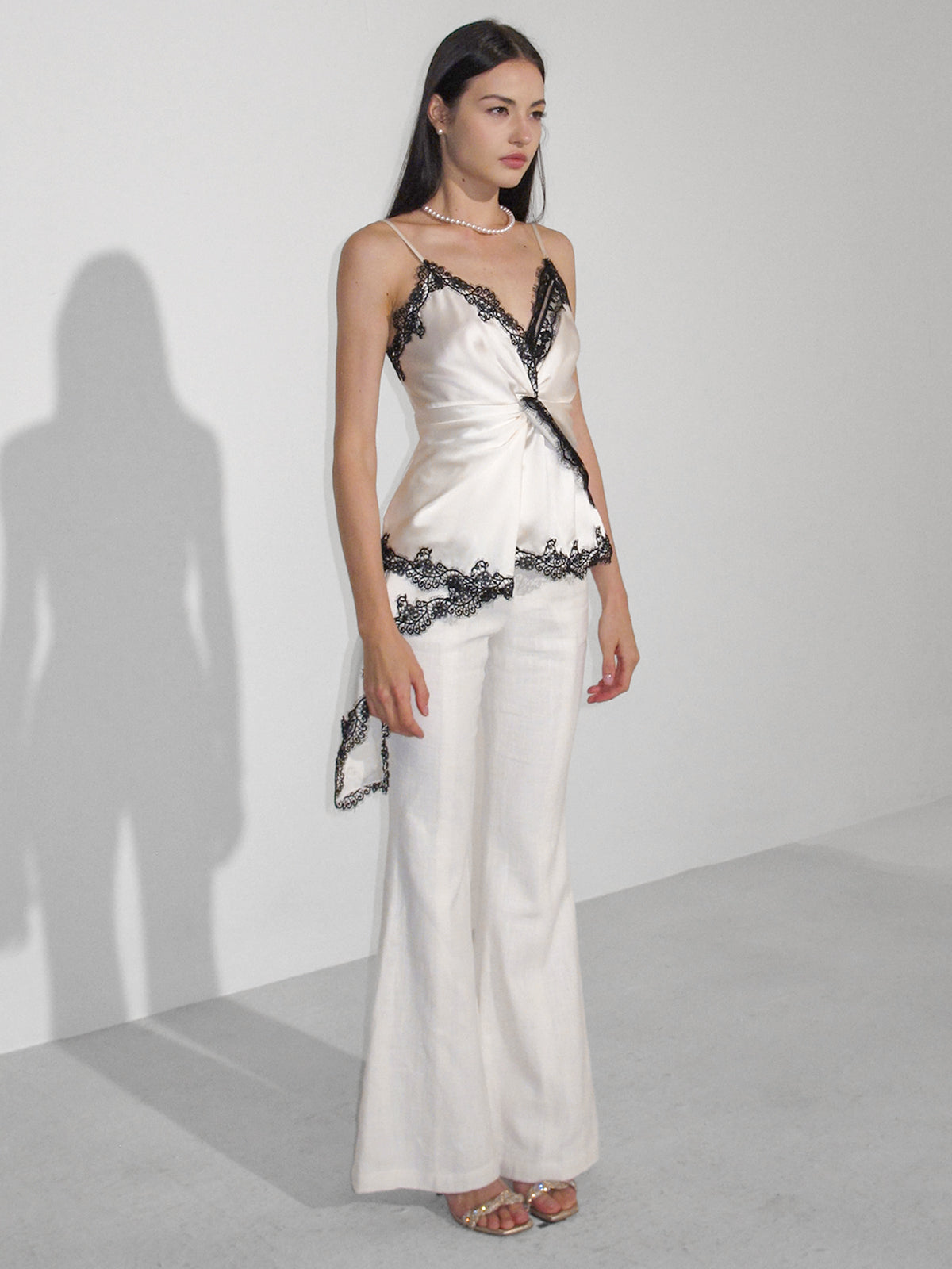 Lace V-Neck Satin Twist Cami Top-Chicvia