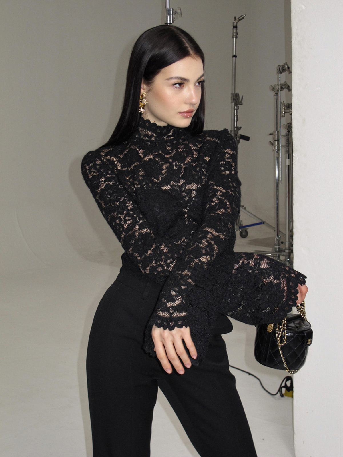 Lace High Neck Bell Sleeve Blouse-Chicvia