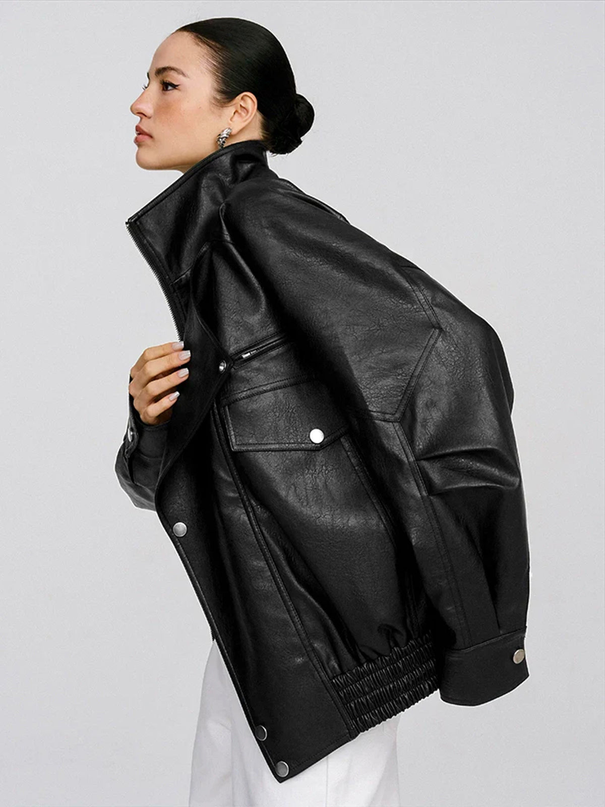 Collared Oversized PU Leather Jacket-Chicvia