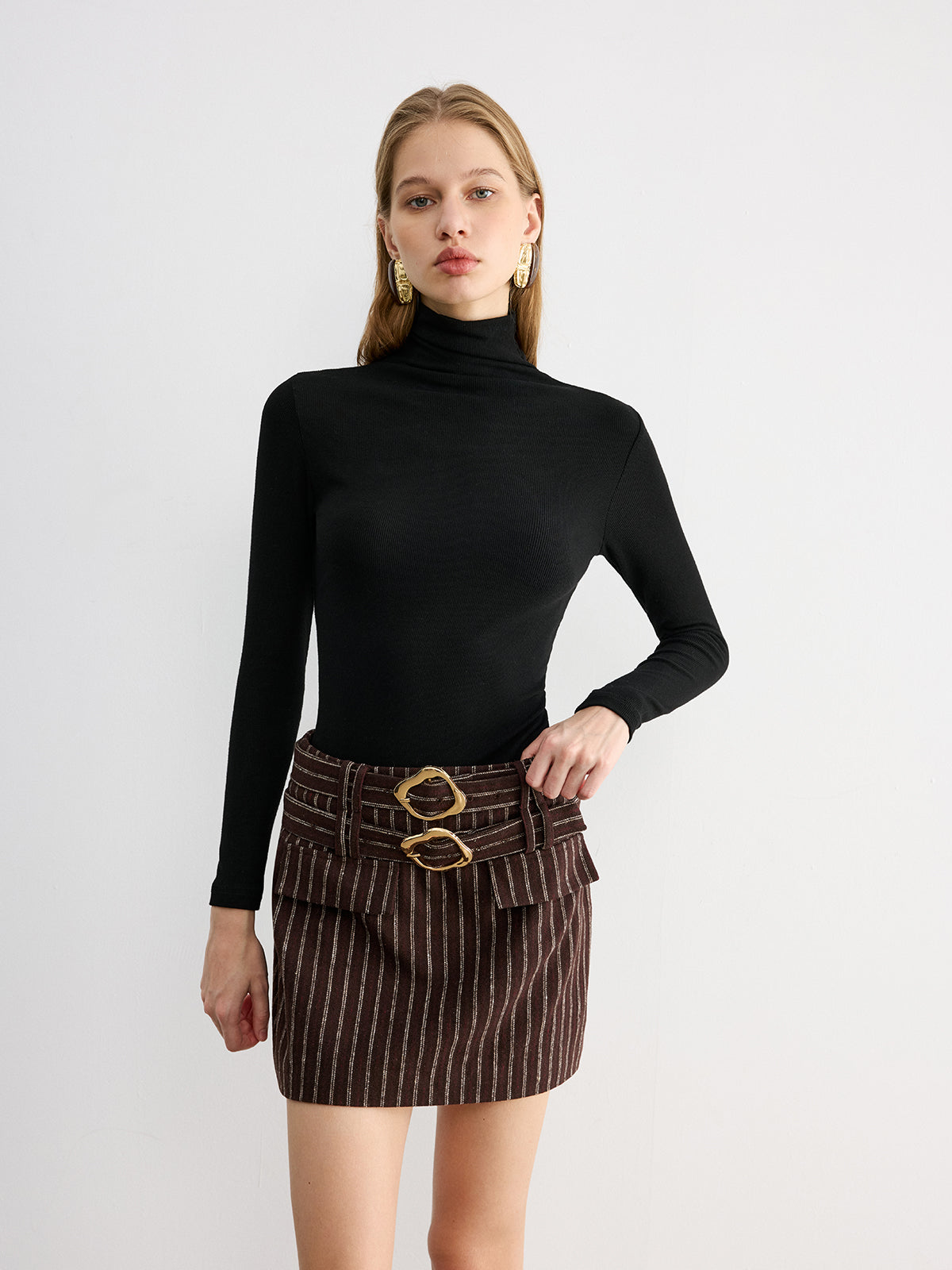 Double Belt Striped Mini Skirt-Chicvia