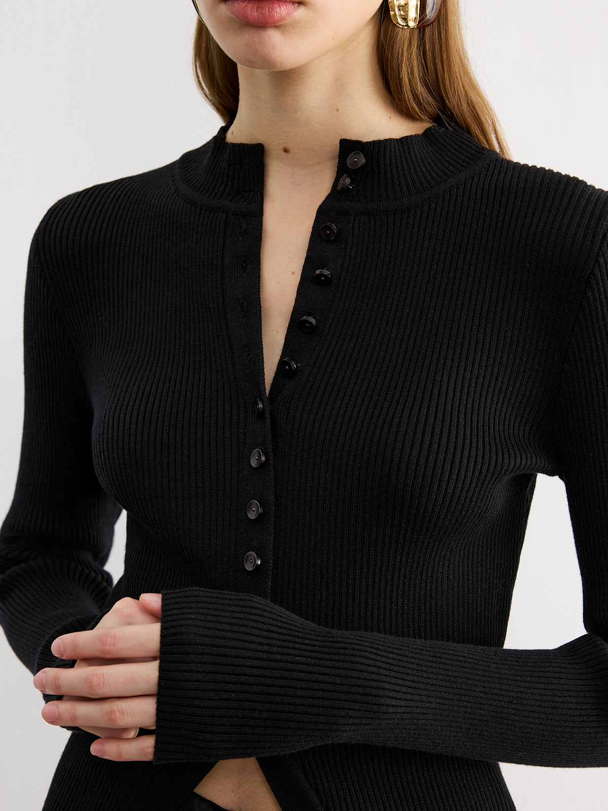 Button-Front Long-Sleeve Rib-Knit Top-Chicvia