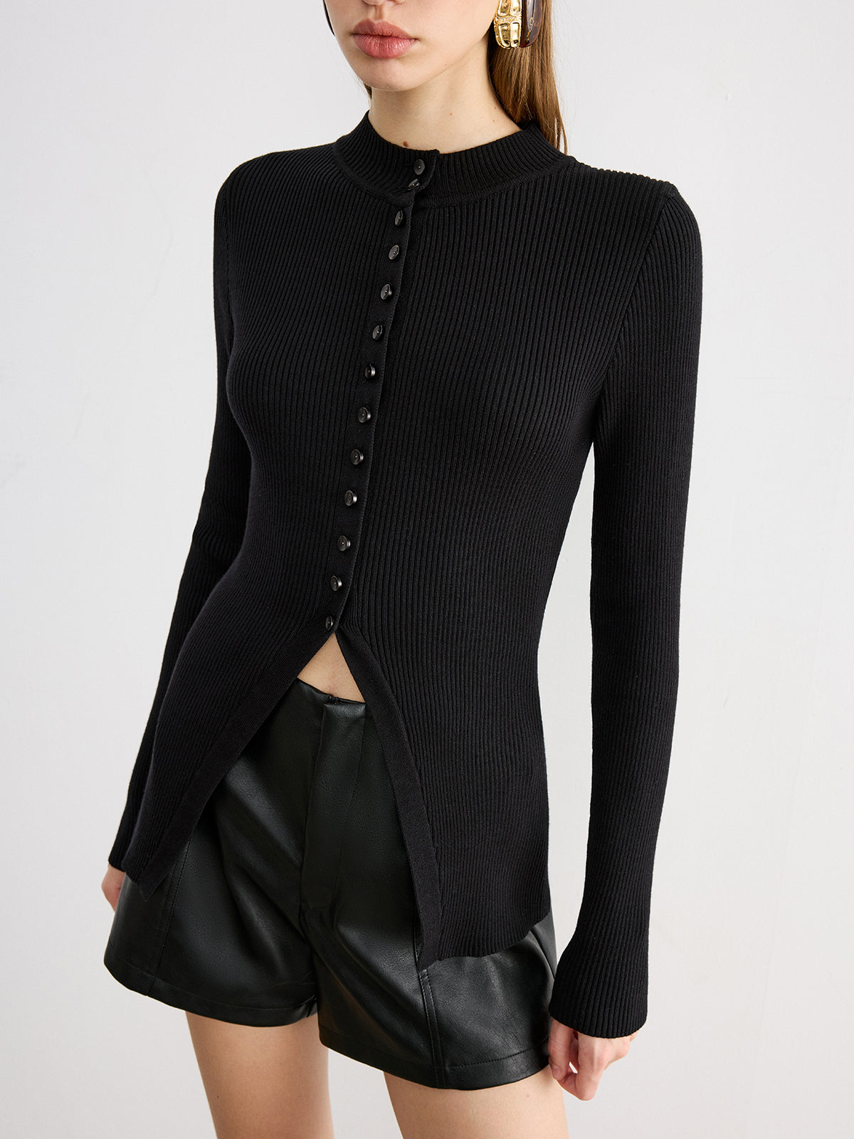 Button-Front Long-Sleeve Rib-Knit Top-Chicvia