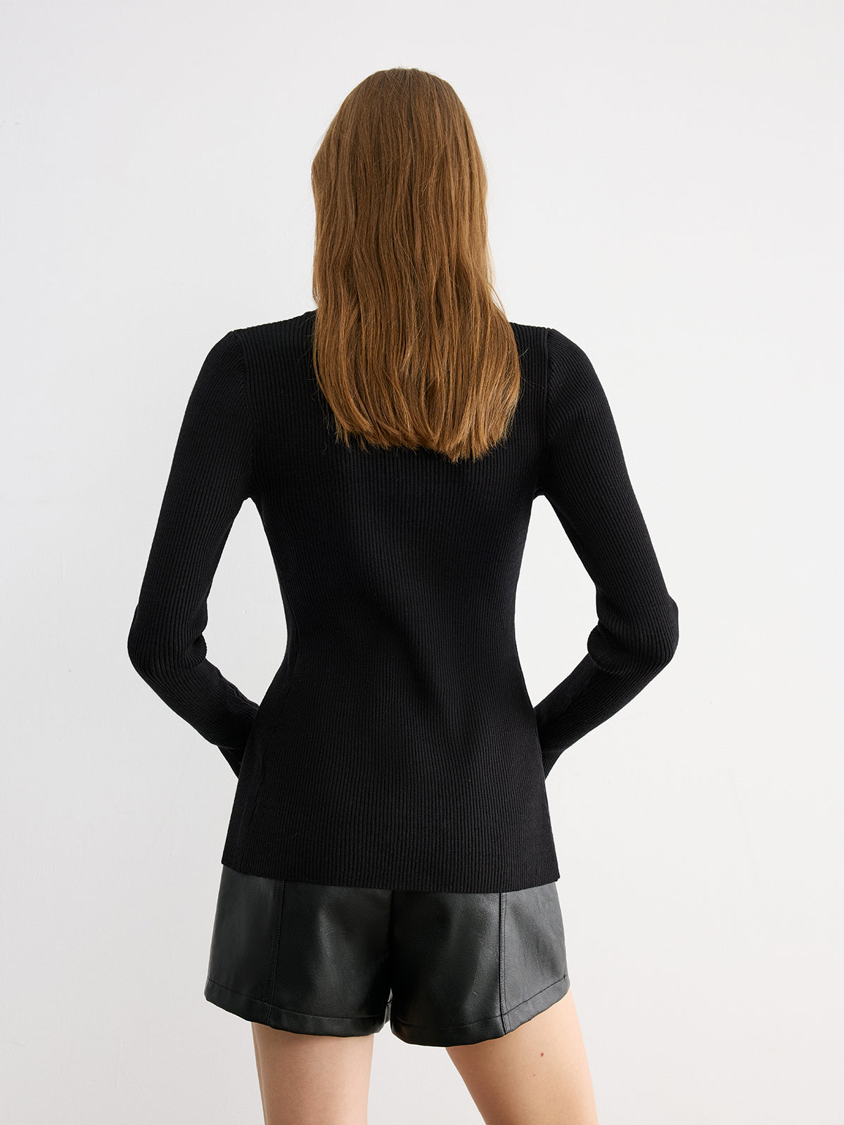 Button-Front Long-Sleeve Rib-Knit Top-Chicvia