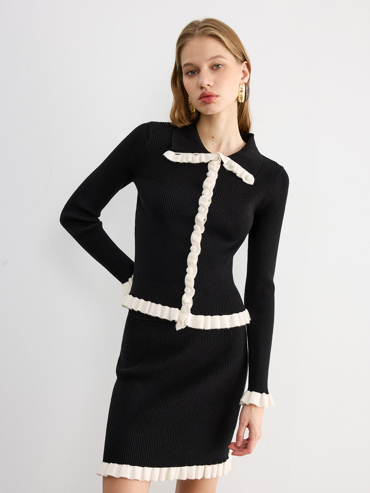 Contrast Ruffled Knit Top and Mini Skirt Set-Chicvia