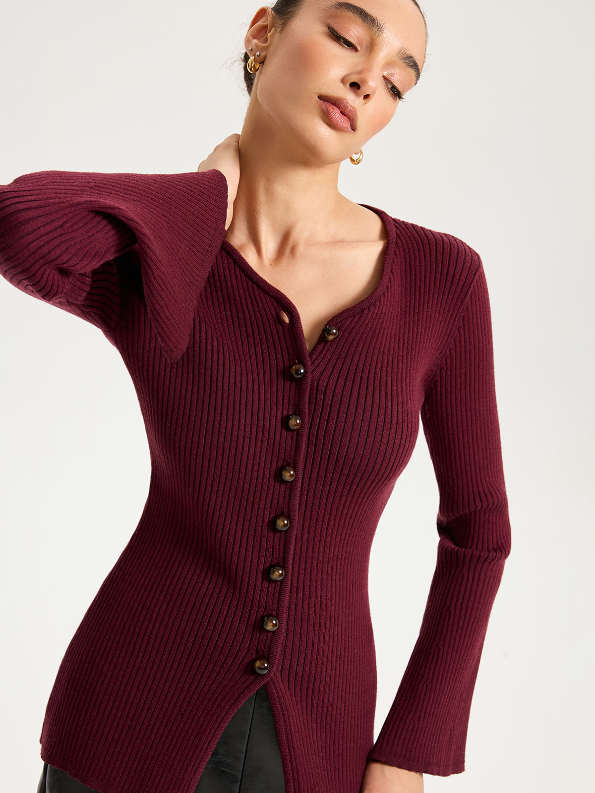 Button-Front Ribbed Knit Top-Chicvia