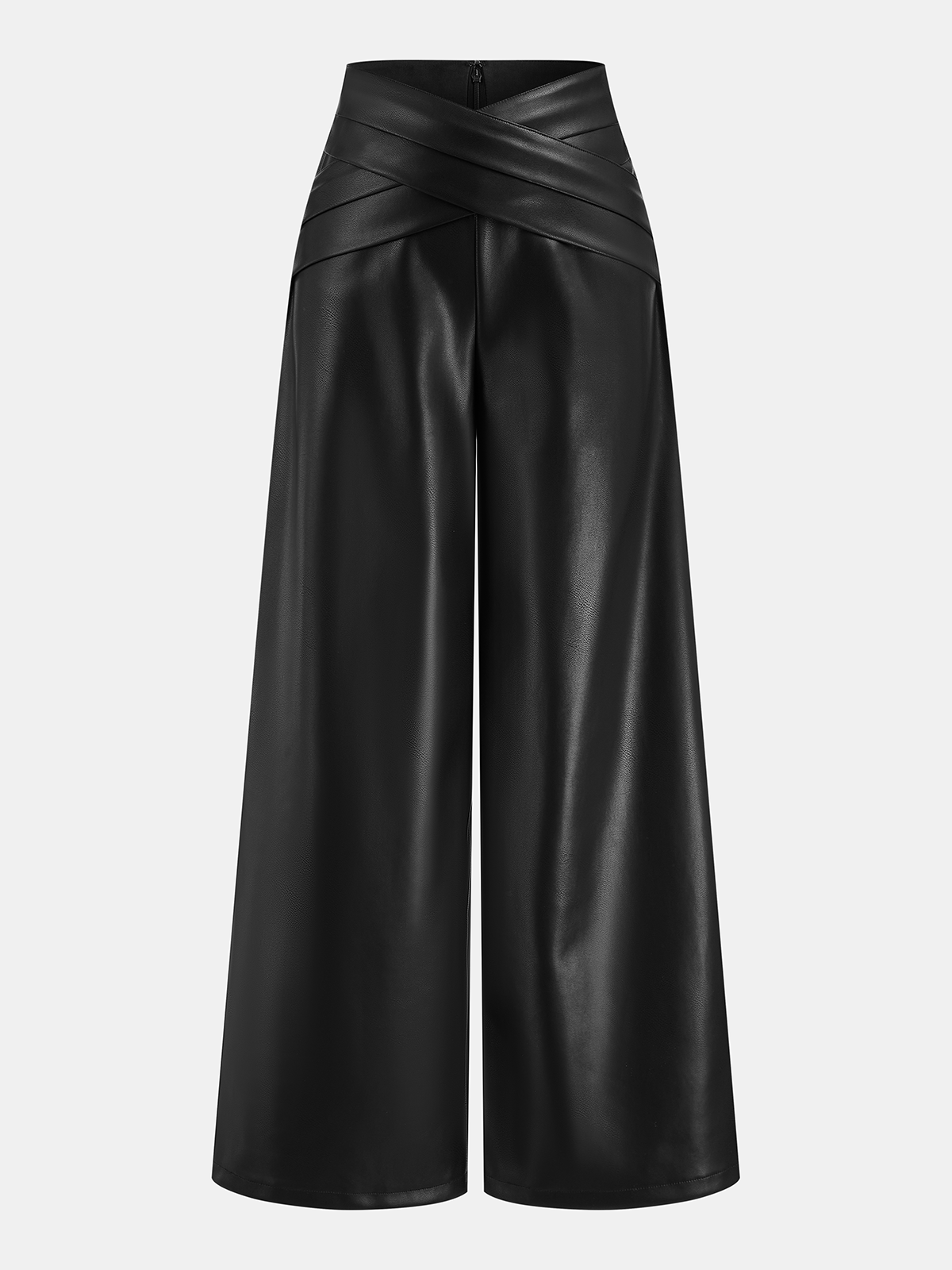 Cross Waistband PU Leather Wide-Leg Pants-Chicvia