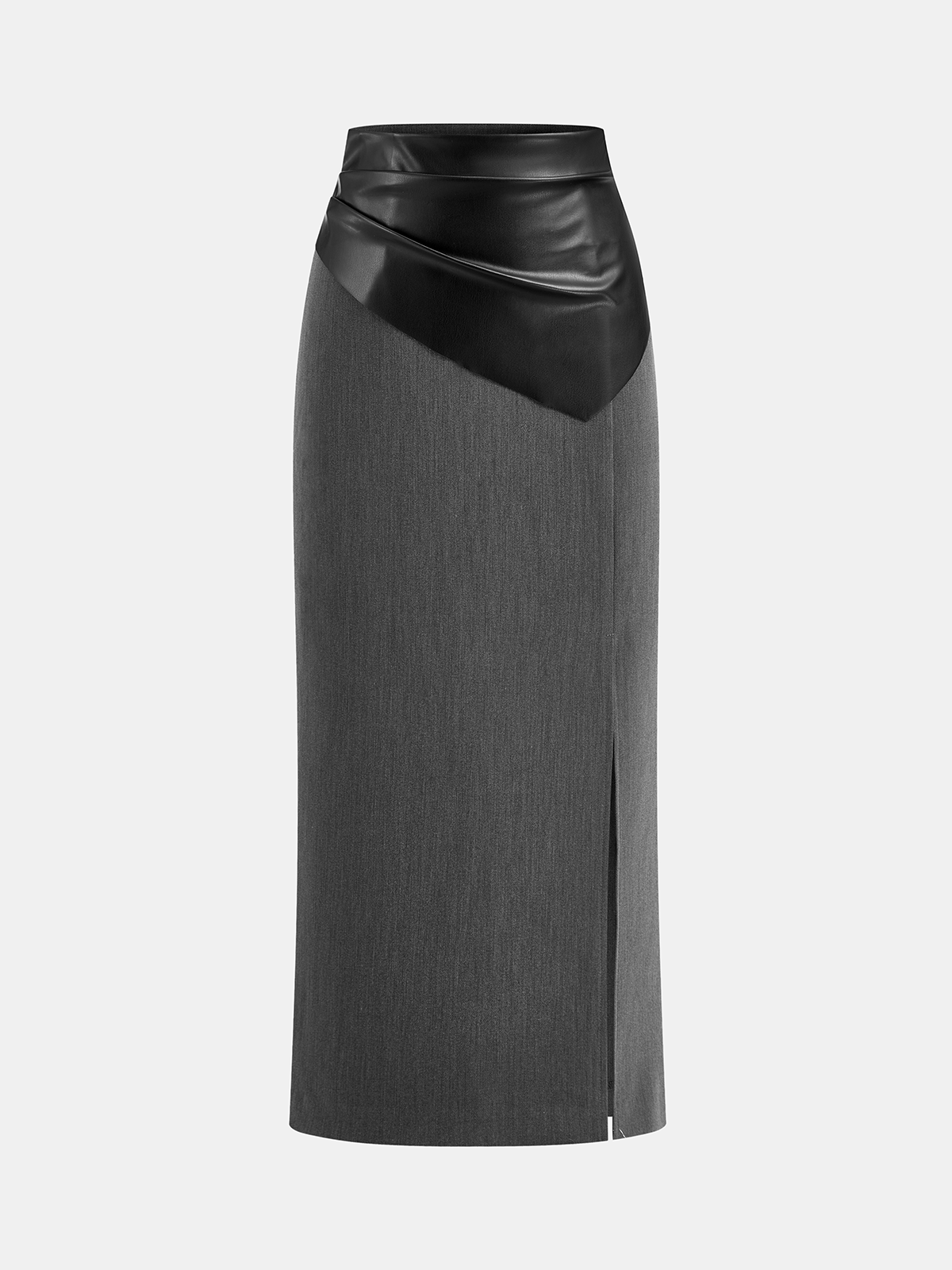 Faux Leather Paneled Slit Midi Skirt-Chicvia