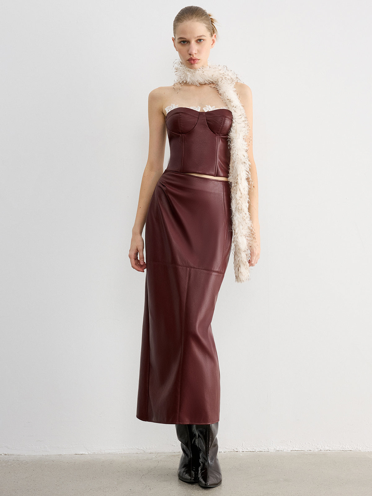 Lace Trim Faux Leather Skirt Set with Removable Straps-Chicvia