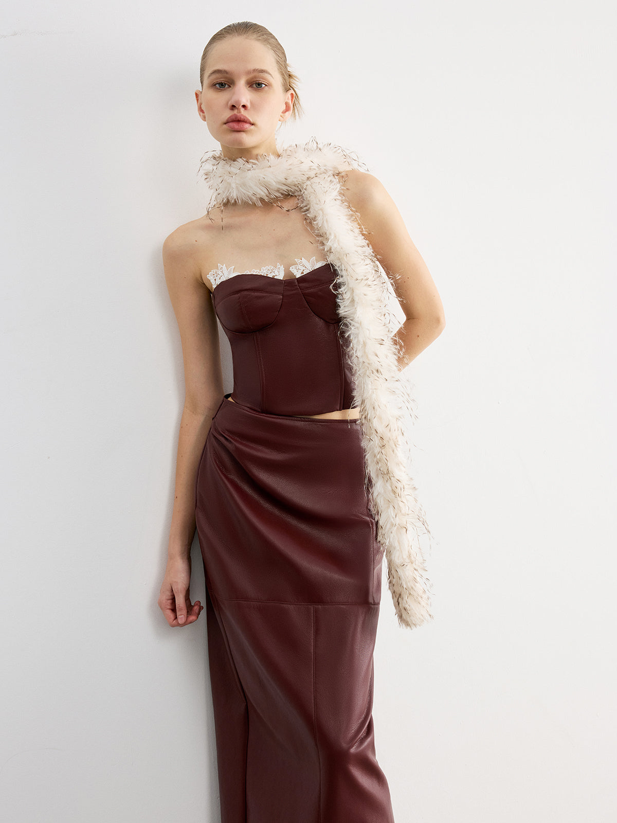 Lace Trim Faux Leather Skirt Set with Removable Straps-Chicvia