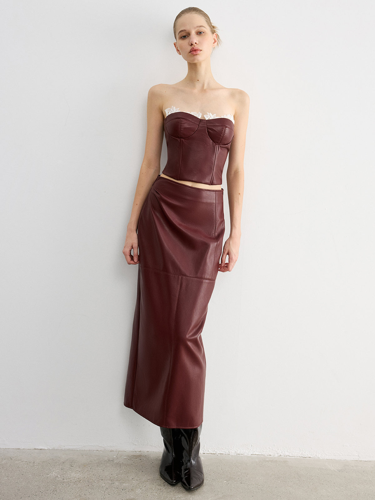 Lace Trim Faux Leather Skirt Set with Removable Straps-Chicvia