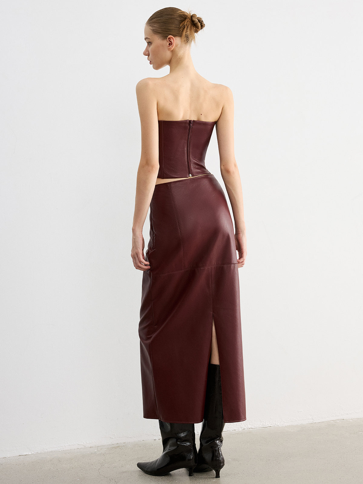 Lace Trim Faux Leather Skirt Set with Removable Straps-Chicvia