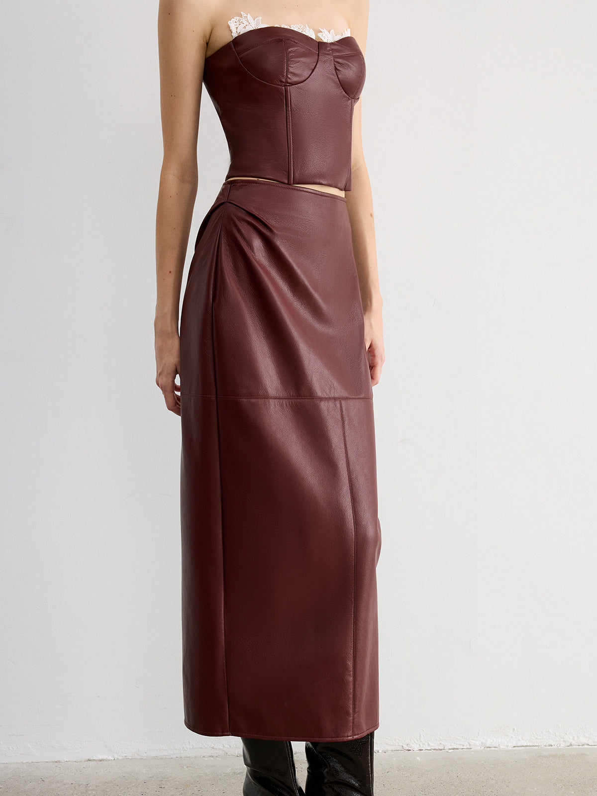 Lace Trim Faux Leather Skirt Set with Removable Straps-Chicvia